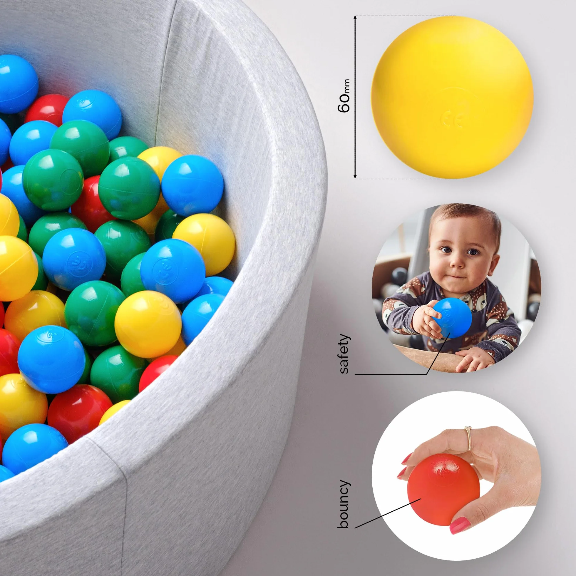 MISIOO Palline da bagno per palline, 500 pezzi, multicolore, diametro 6 cm, palline di plastica realizzate in 100% LDPE, giocattolo per bambini, rosso, verde, blu, giallo