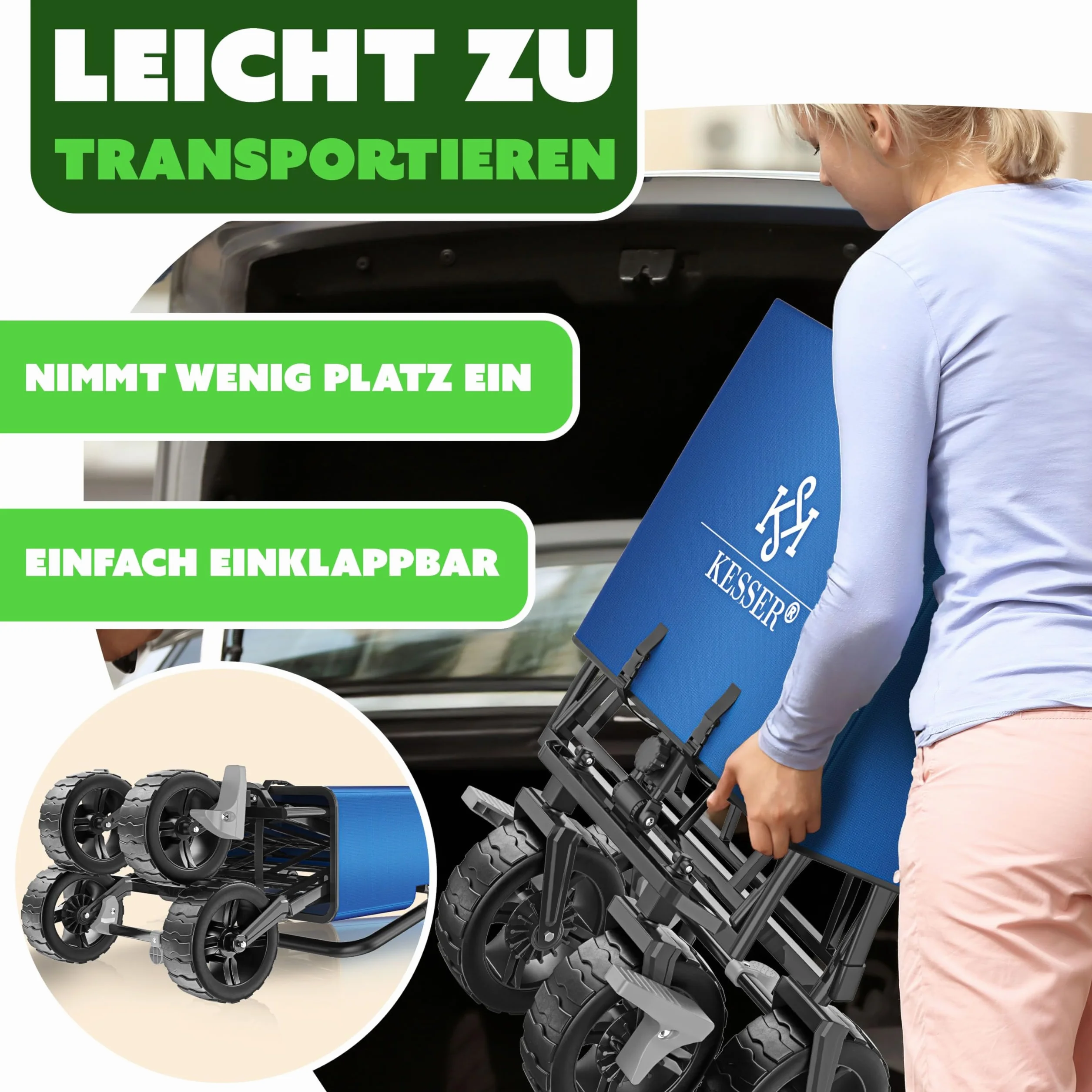 KESSER® Carrello pieghevole XXL con tettuccio GT9000, carrello pieghevole fino a 150 kg, per bambini, spiaggia, campeggio e giardino, grande carrello di trasporto con ruote in gomma rigida, freni