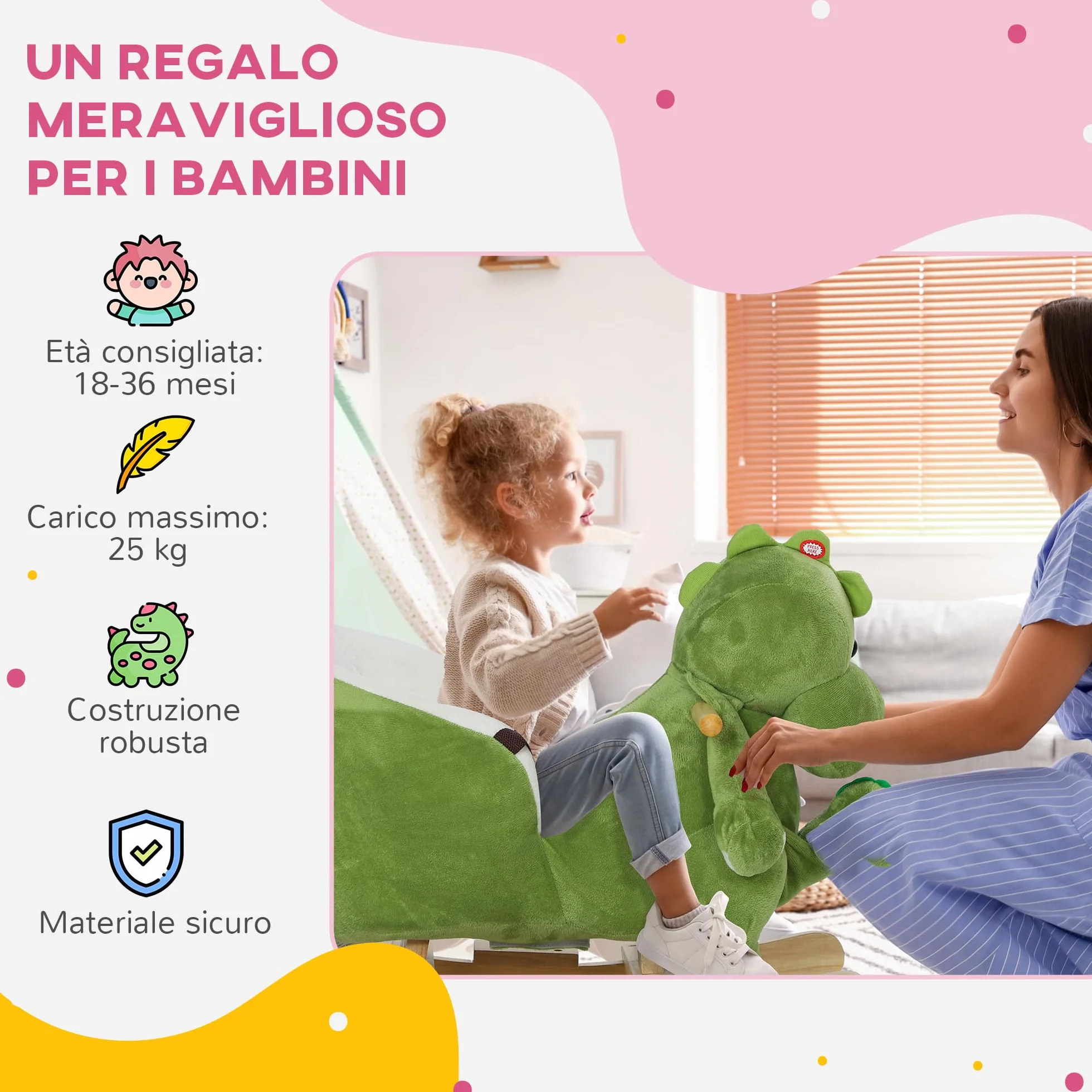AIYAPLAY Cavallo a Dondolo per Bambini a Dinosauro con Marionetta, Cavallino Cavalcabile con Suoni e Rivestimento Morbido, Età 18-36 Mesi, Verde