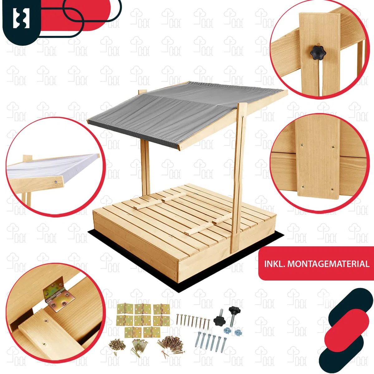 KOTARBAU® Sabbiera per Bambini - Legno di Pino - 140 x 140 cm - Naturale - Sabbiera con Coperchio - con Tetto Grigio e Sedute - da Esterno Giardino - Protezione Sole Pioggia