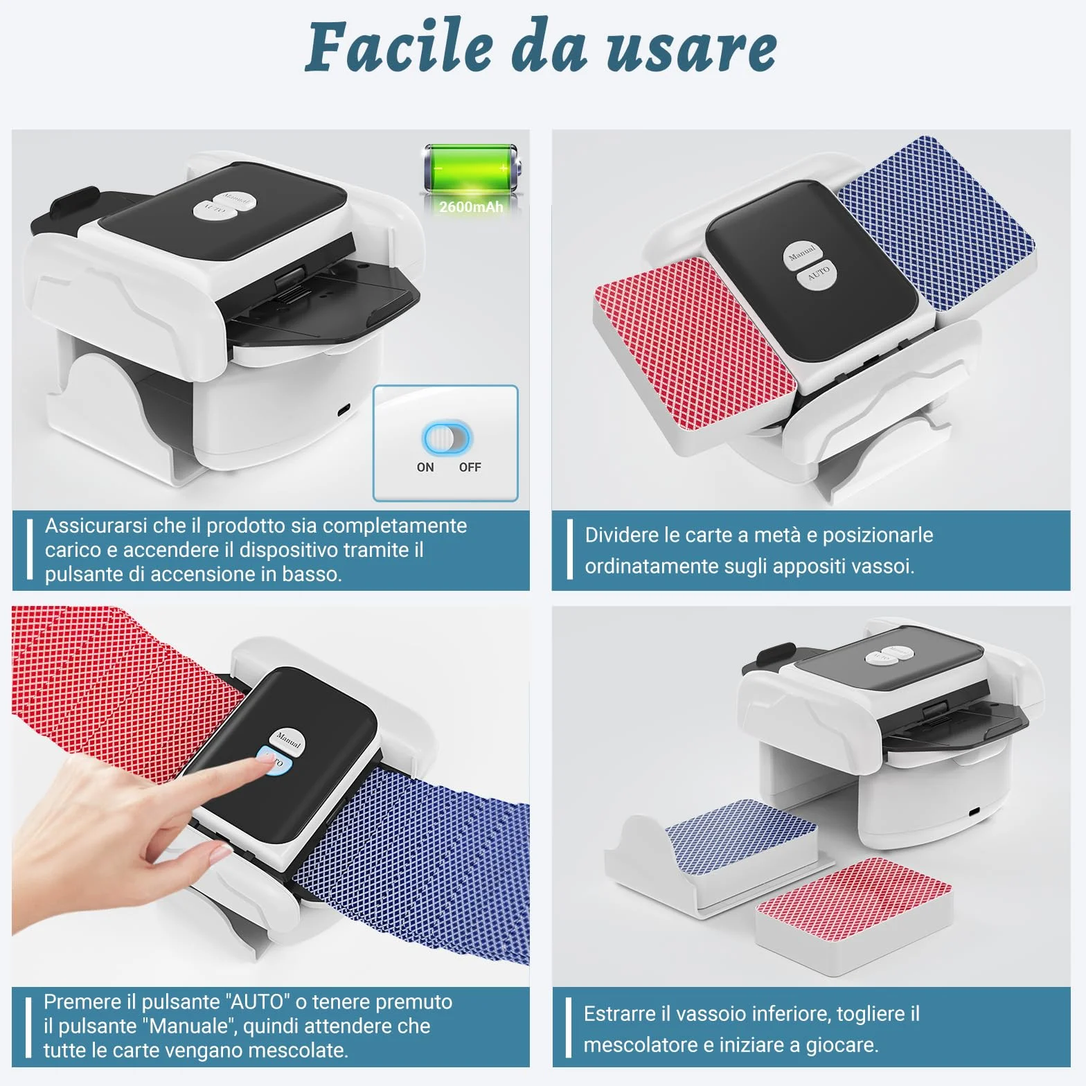 Holiky Mischia Carte Automatico a 2 Mazzi, Mescolatore Carte Ricaricabile con modalità Auto e Manuale Tocco, Mescolatore Elettrico da Poker per Uno, Skip-Bo, Phase 10 Giochi per Feste