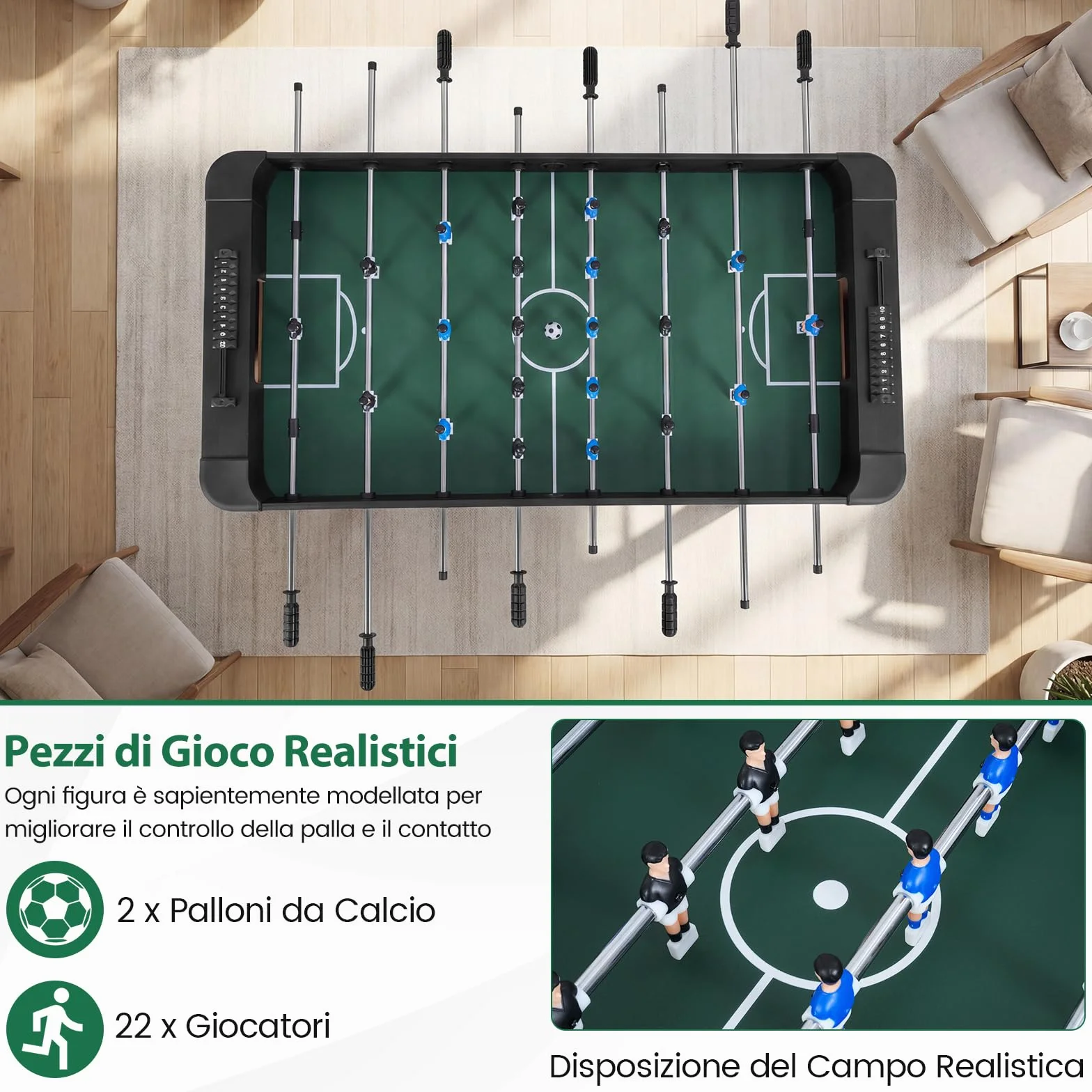 COSYWAY Calcio Balilla, Biliardino con 22 Giocatori, 2 Palline e Contatori, Tavolo da Calcio con 8 Aste per Adulti e Bambini, 119 x 108 x 79 cm