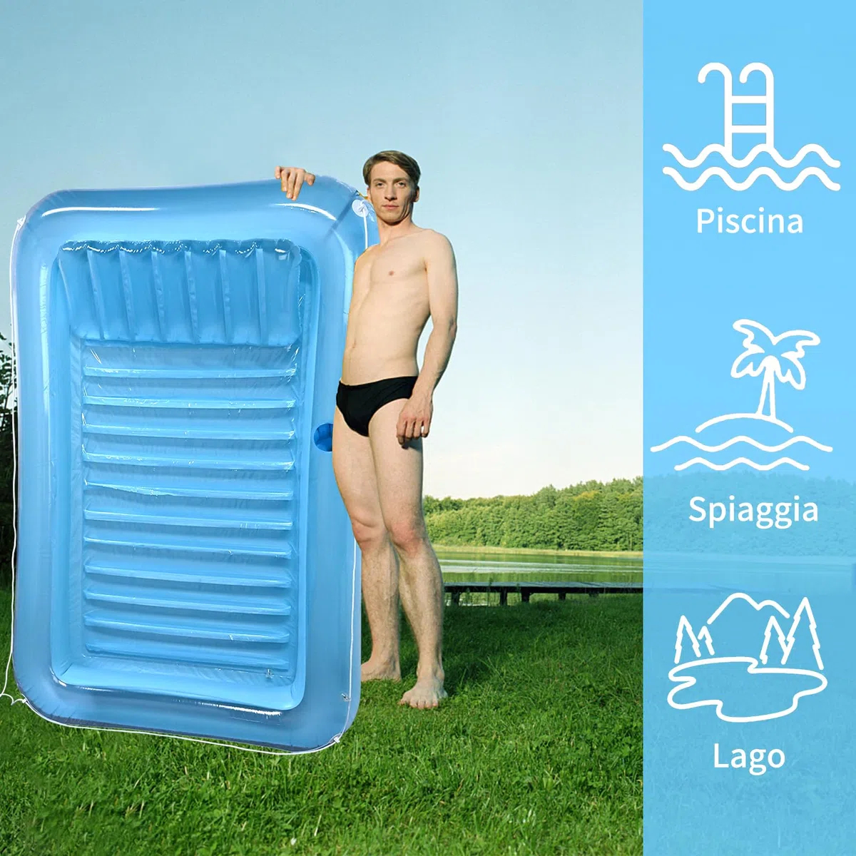 GOLDGE Materassino Piscina Gonfiabile 180 x 120 cm Lettino Galleggiante con Cuscino Portabicchieri per Adulti