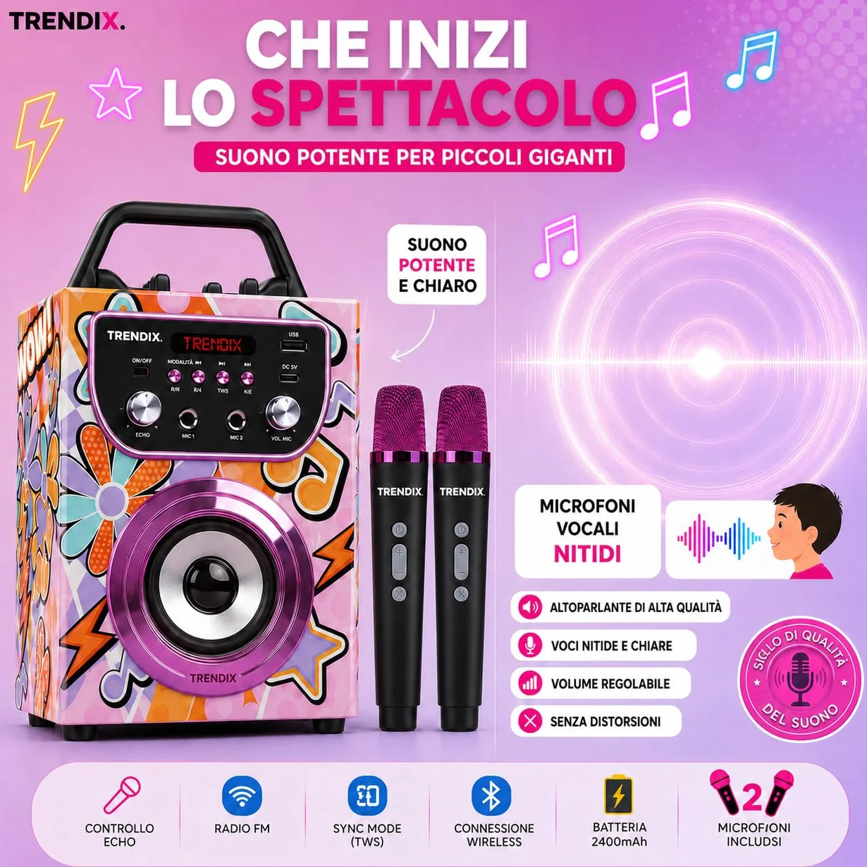 Trendix - Karaoke Per Bambini Magic Melody | Cassa Bluetooth Con Microfono, Radio Fm, Usb | Cassa Karaoke Con 2 Microfoni | 2 Microfoni Bluetooth | Regalo