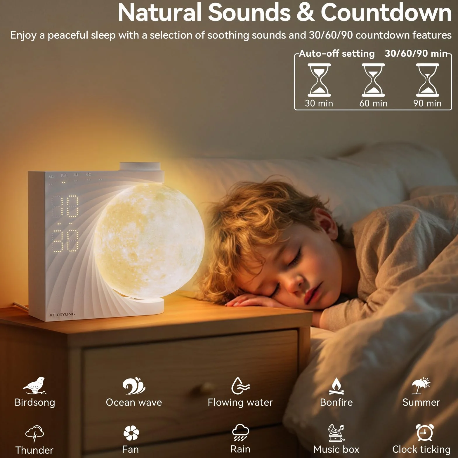 RETEYUNG Lampada Luna con Luce,2 Sveglie, Lunare RGB 8 Colori, Suoni Naturali, Wake Up Light, Lampada da Comodino a 3 Livelli di Luminosità Luce Notturna per Donne Ragazze Ragazzi (Rotazione manuale)