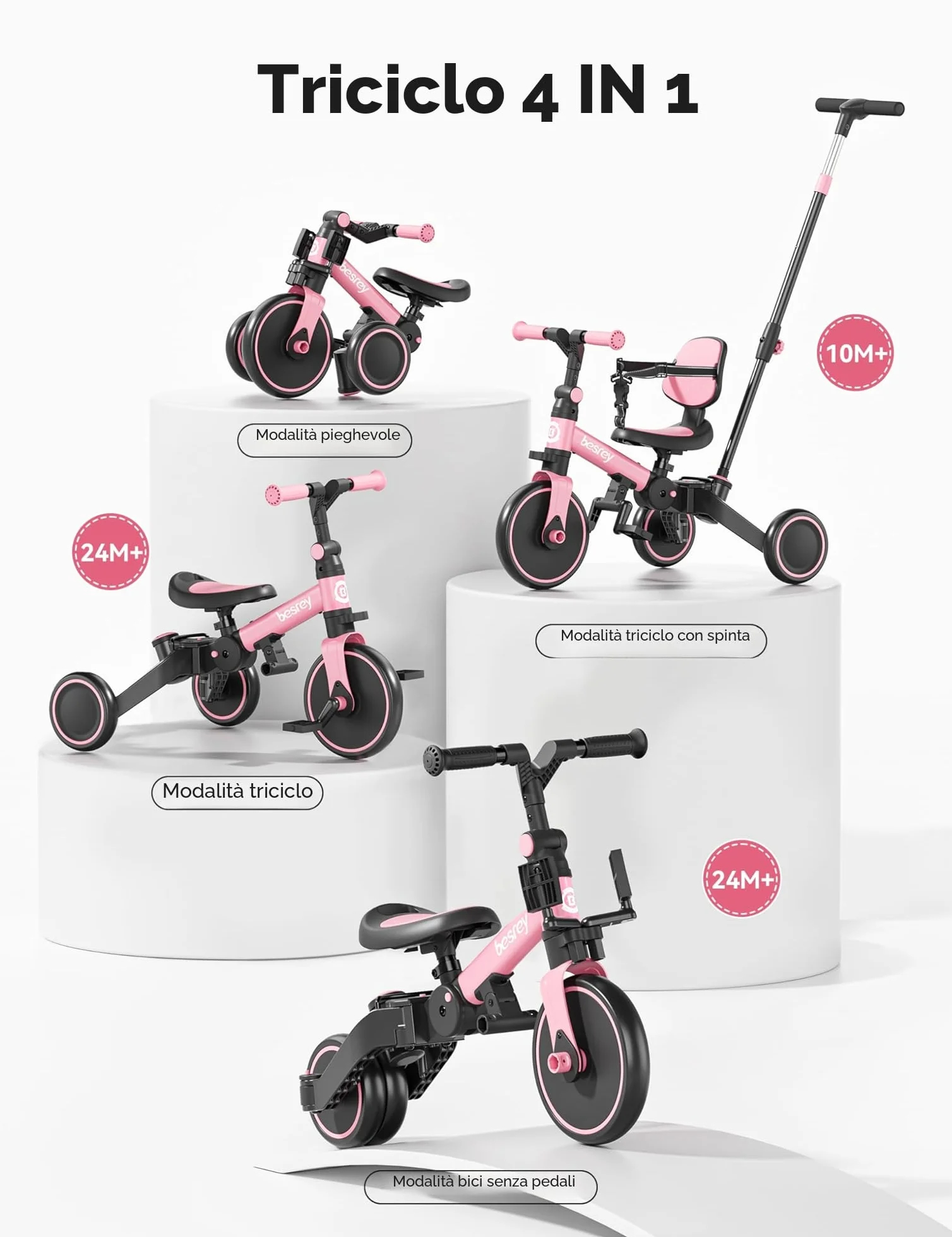 besrey Triciclo per Bambini 4 in 1, Bici senza Pedali per bambine e bambini da 1 a 3 anni, Triciclo con Maniglia di Spinta, Schienale e Cintura di Sicurezza, Rosa