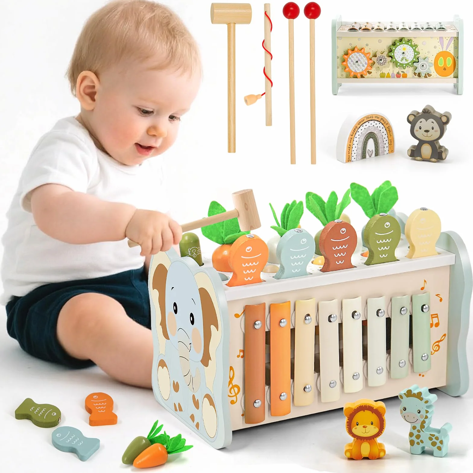 Giochi Montessori 1 Anno, Giocattoli Legno 6 in 1 con Acchiappa Talpa, Pesca, Xilofono per Bambini 1-3 Anni