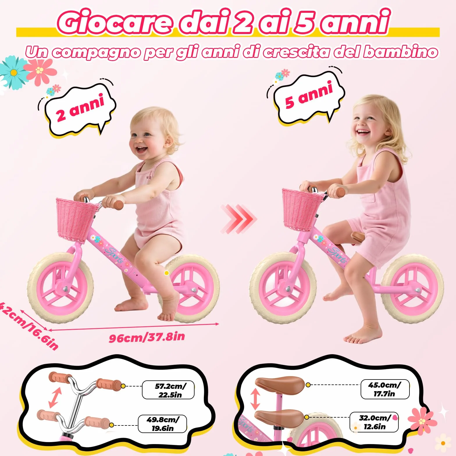 HappyGoLucky Bici Senza Pedali 2-5 Anni, Bicicletta Bambina – Ruote Luminose/Altezza Regolabile/Cestino Intrecciato, Giochi Regalo Giocattoli Gioco Bambina 2-5 Anni