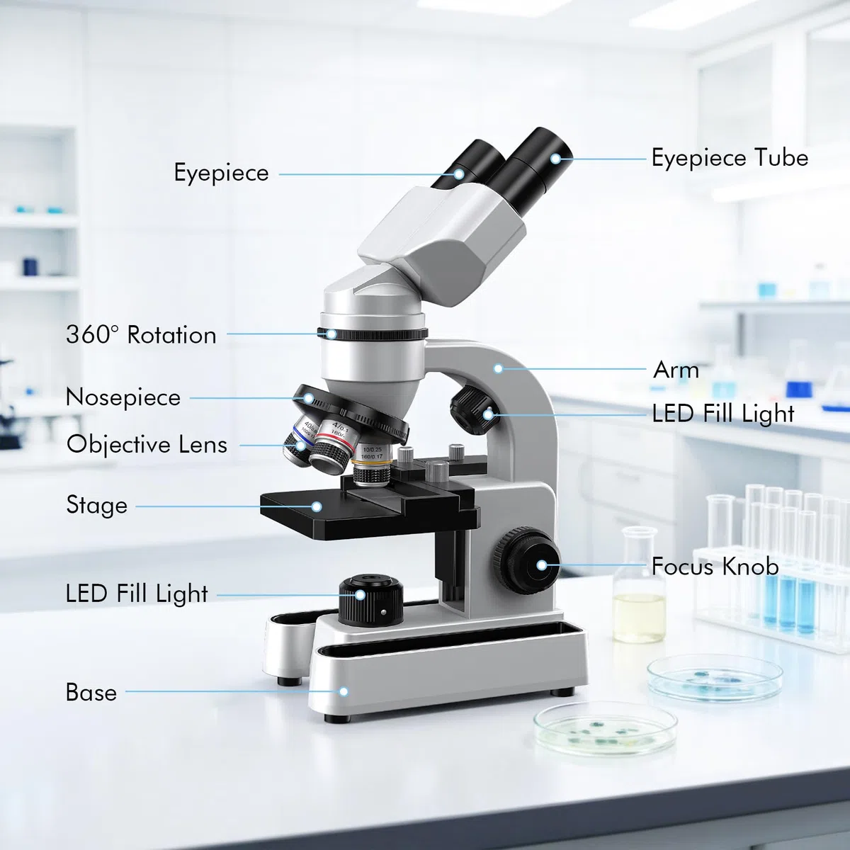 Microscopio binoculare per adulti e bambini, ingrandimento 40X-1600X con doppia illuminazione a LED, microscopio educativo biologico con kit di avviamento completo con 25+ accessori