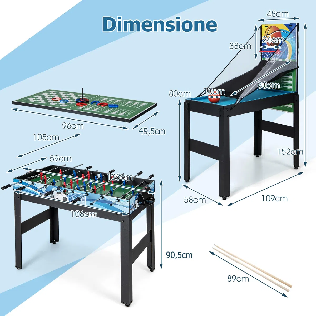 GYMAX Tavolo da Gioco 14-in-1, Combo Tavolo da Gioco con Basket, Biliardo, Calcetto, Ping Pong, Hockey, Shuffleboard, Bowling, Scacchi, Dama, Backgammon, Tris per Feste, Sala Giochi