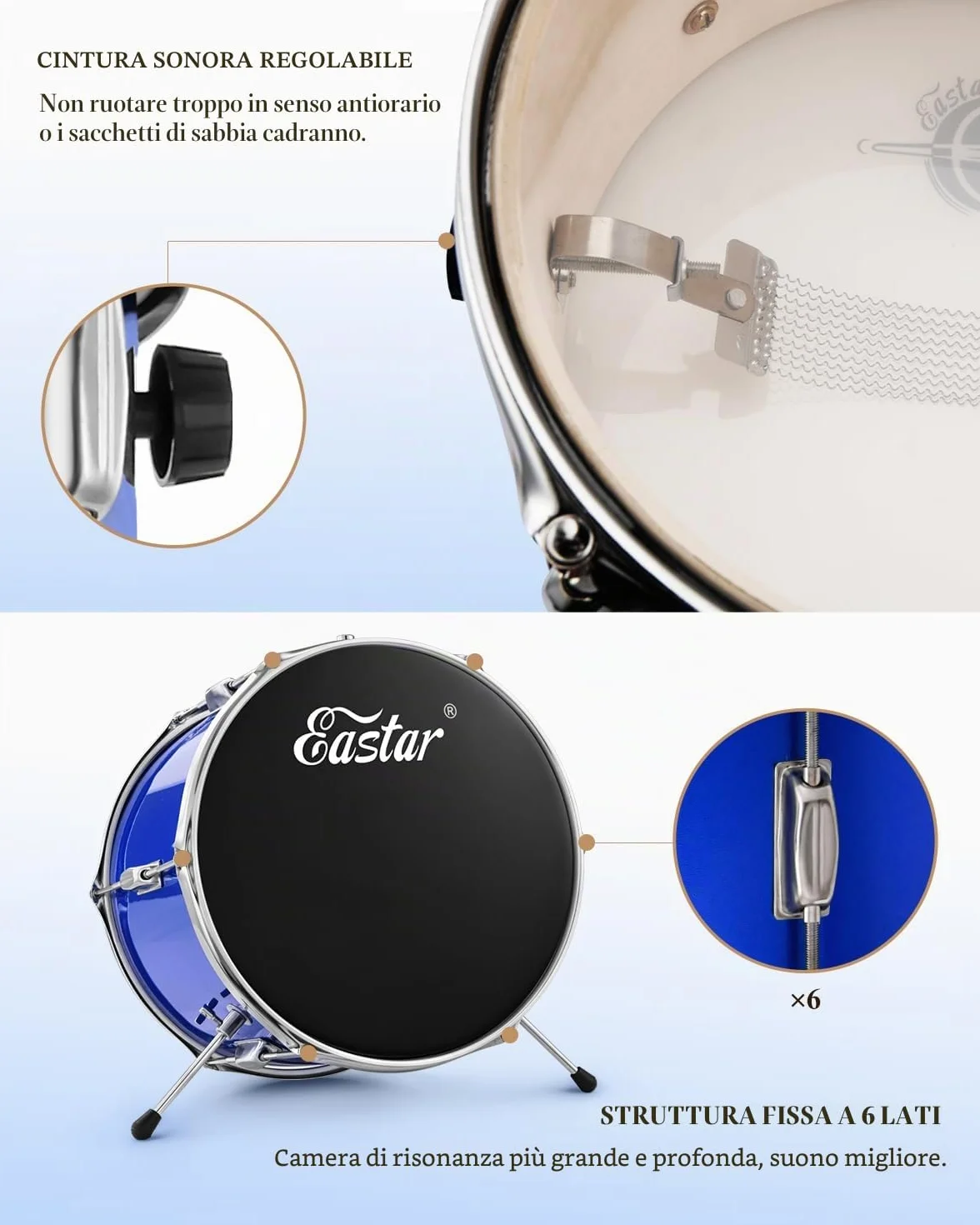 Eastar Batteria per Bambini per età 3-10 Anni, Junior Drum Set con Rullante, Tom, Grancassa, Pedale Grancassa (Specchio Blu)