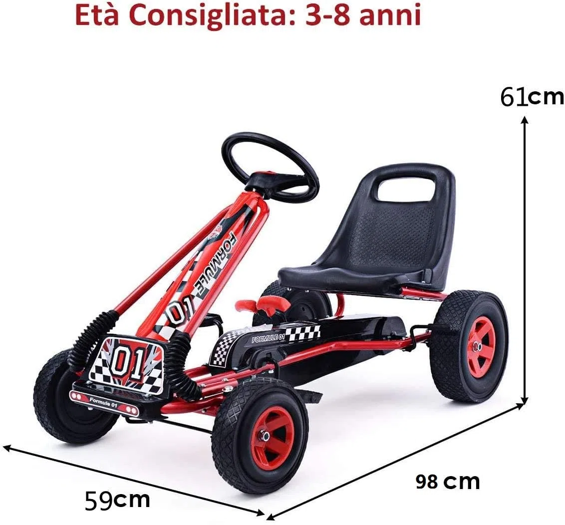 COSTWAY Go Kart a Pedali per Bambini 3-8 Anni, Sedile Regolabile, Freno a Mano, Portata 30 kg, Rosso
