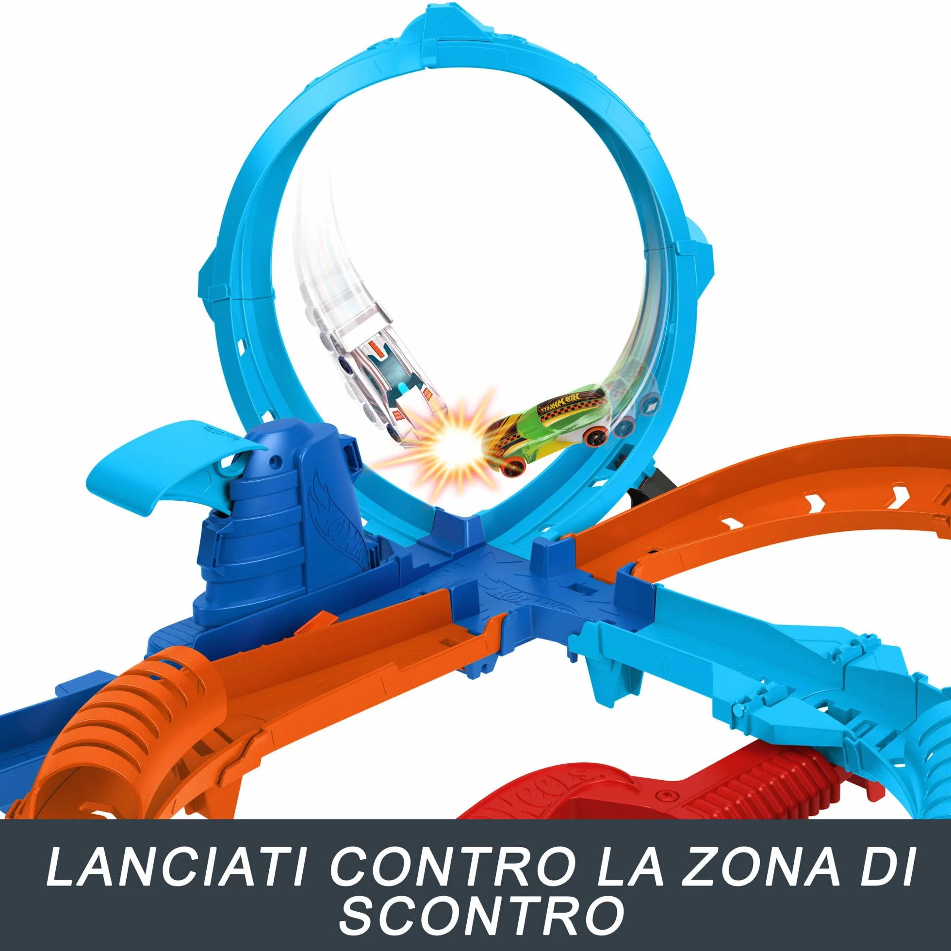 Hot Wheels Ultra Hots - Sfida Turbo Lanci, playset pista con 2 lanciatori azionabili, loop, incroci e zone di scontro, 2 macchinine incluse, giocattolo per bambini, 4+ anni, HXR71