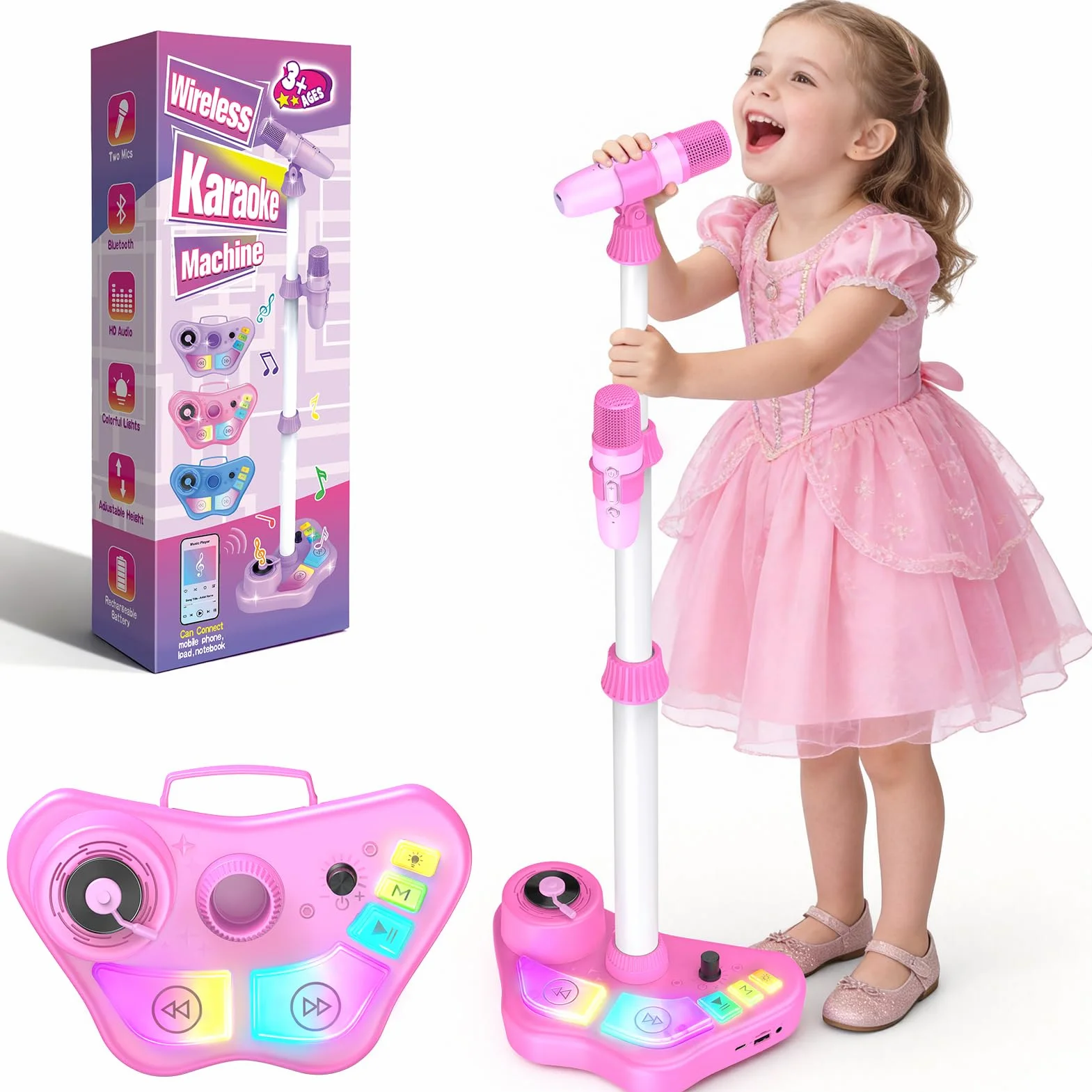 Microfono Giocattolo Musicale con Luci LED Altoparlante Bluetooth Supporto Regolabile 47-108 cm Rosa