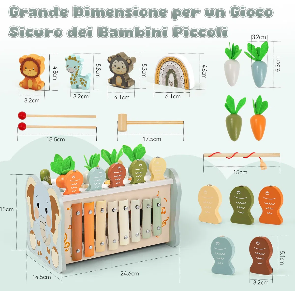 Giochi Montessori 1 Anno, Giocattoli Legno 6 in 1 con Acchiappa Talpa, Pesca, Xilofono per Bambini 1-3 Anni