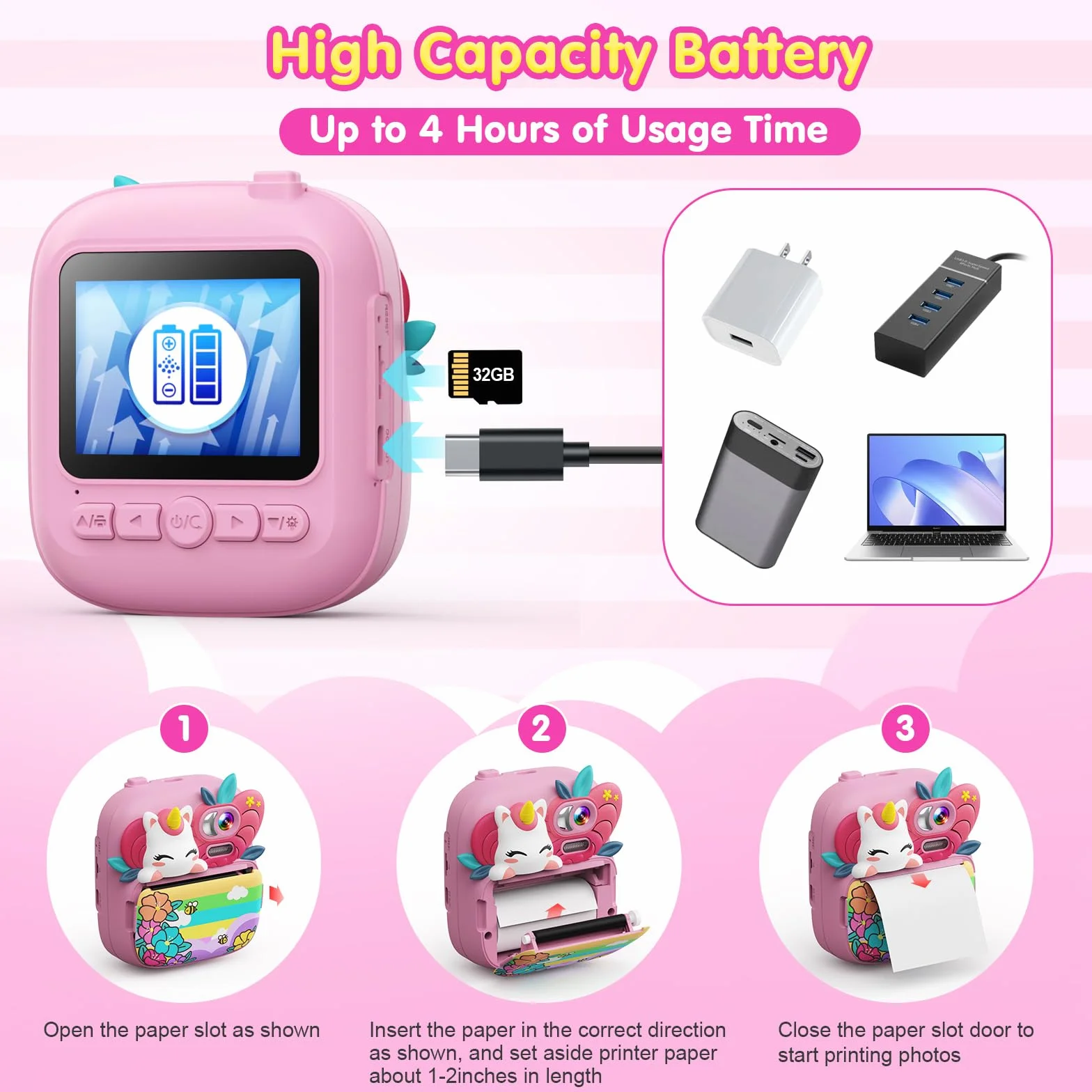 TIATUA Macchina Fotografica Bambini Istantanea, 2.4 Pollici 1080P HD Fotocamera Bambini con 32GB Scheda & Carta da Stampa, Regali per bambini dai 3 ai 12 anni