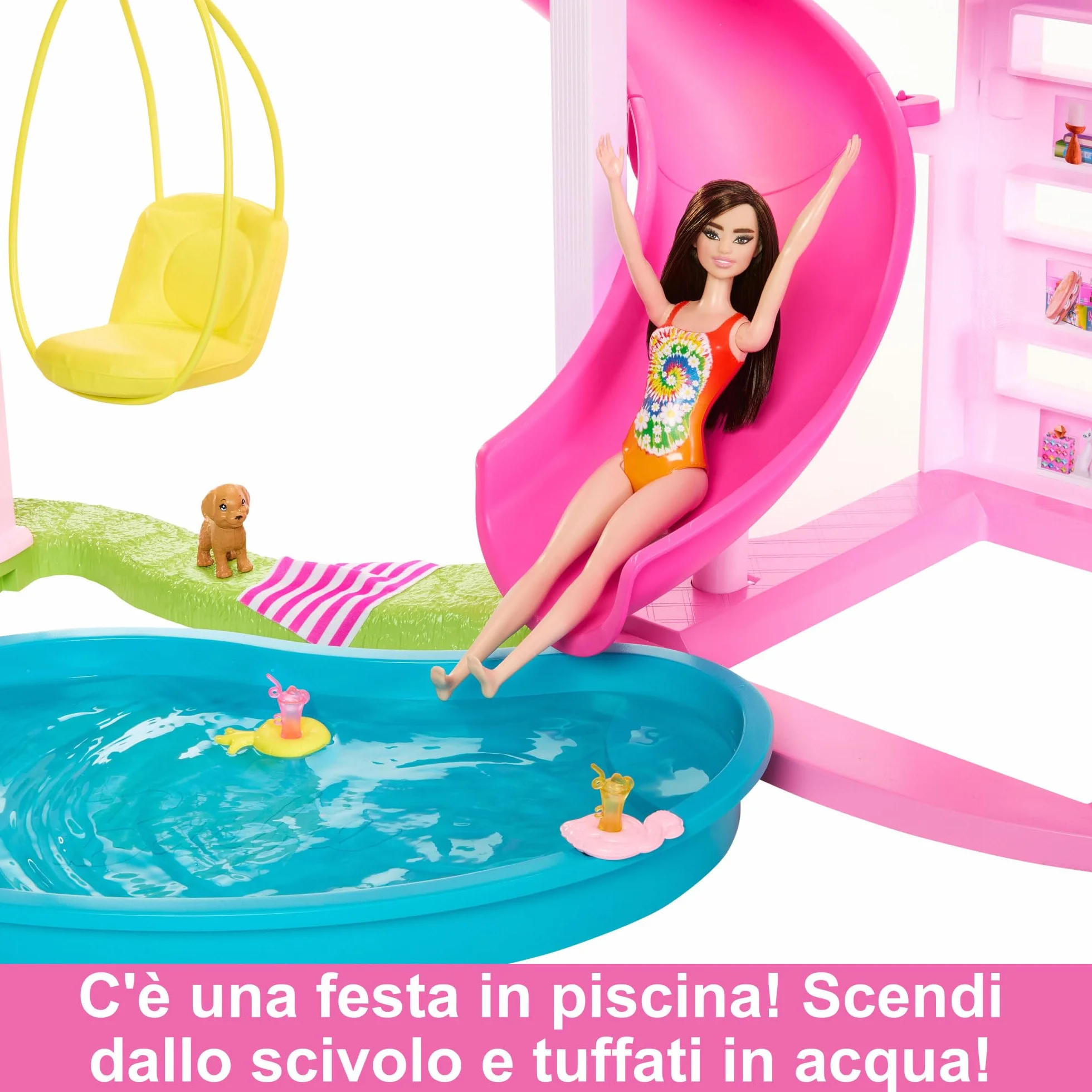 Barbie - Casa dei Sogni di Barbie, playset casa delle bambole con piscina, scivolo a 3 piani, ascensore e aree di gioco per cuccioli, 75+ accessori, giocattolo per bambini, 3+ anni, HMX10