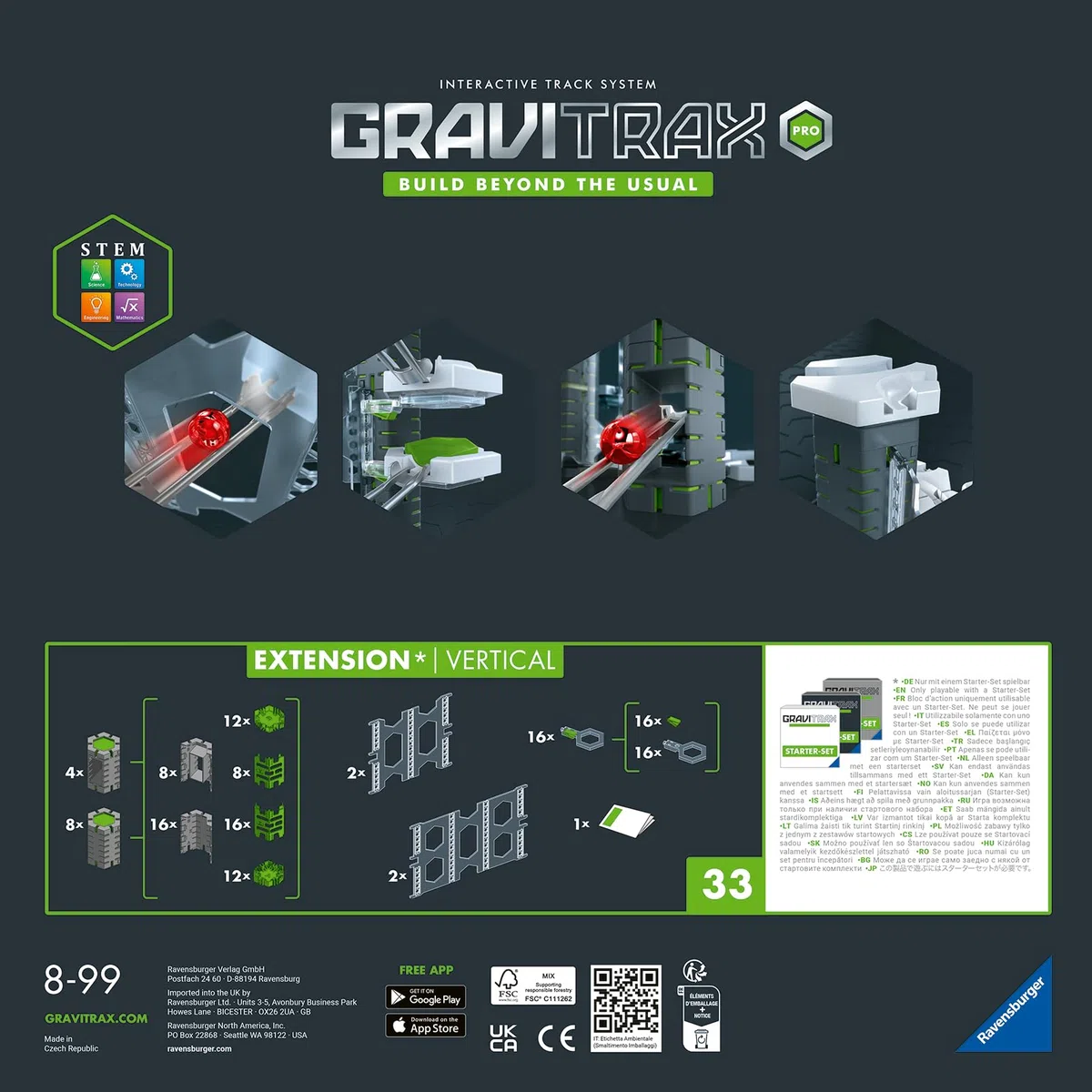 Ravensburger - GraviTrax Pro Extension Vertical: Aumenta l’altezza, Estensione pista biglie 108 pezzi, Gioco STEM 8+ anni e adulti, Non giocabile da solo, Compatibile con tutti i GraviTrax