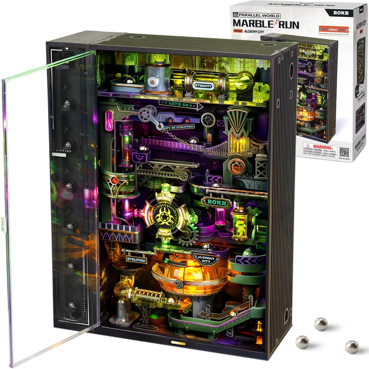 ROKR Marble Run 3D Puzzle in plastica The Alchemy City Model Kit per adulti con attivazione sonora, per costruire scrivania da gioco Cyberpunk Steampunk idea regalo - Parallel World MR04S