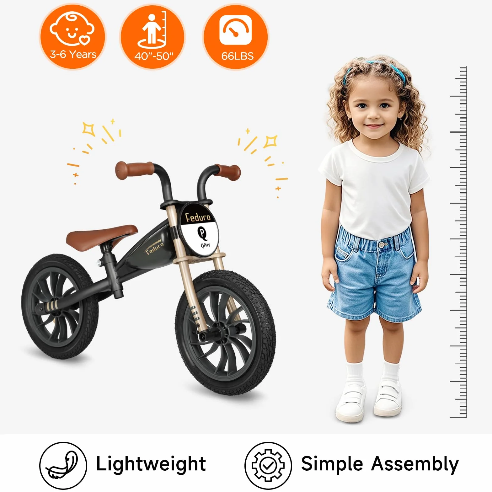 QPLAY Balance Bike Feduro Bicicletta senza pedali per bambini da 3 a 6 anni, bici d'equilibrio con sella regolabile in altezza, ruote da 12 pollici a camera d'aria all terrain, fino 30 kg