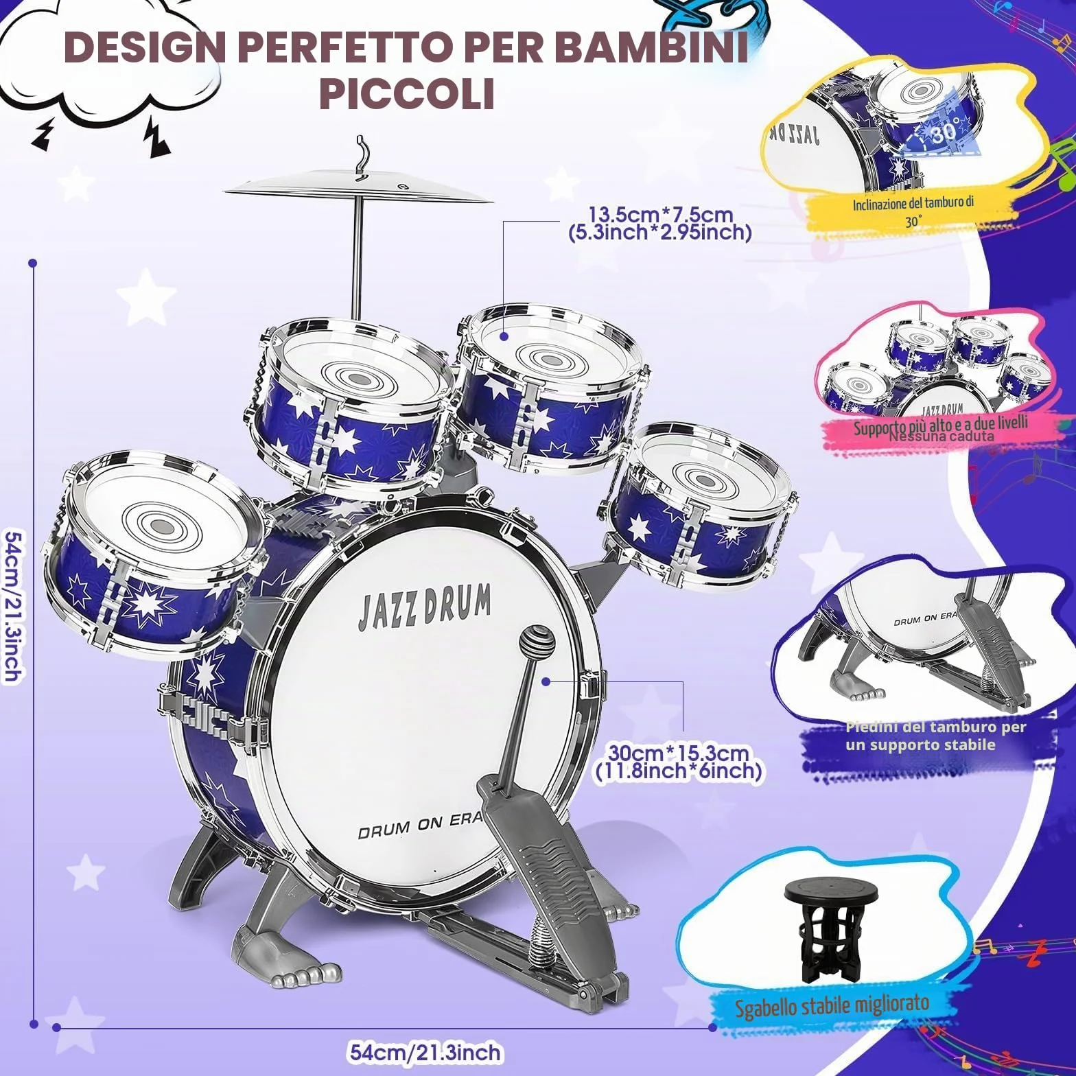 Upgrade Giocattolo Batteria Bambini 2-4 Anni Kit Batteria Jazz per Bambini con Sgabello, Giocattolo Strumento Musicale per Ragazze Ragazzi di 3 4 5 Anni Regalo