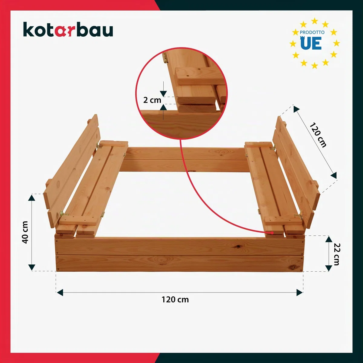 KOTARBAU® Sabbiera per Bambini con Coperchio - Legno di Pino - 120 x 120cm - Marrone - Sabbiera da Giardino per Bambini - con Panche Pieghevoli e Telo Antierba - Impragnato