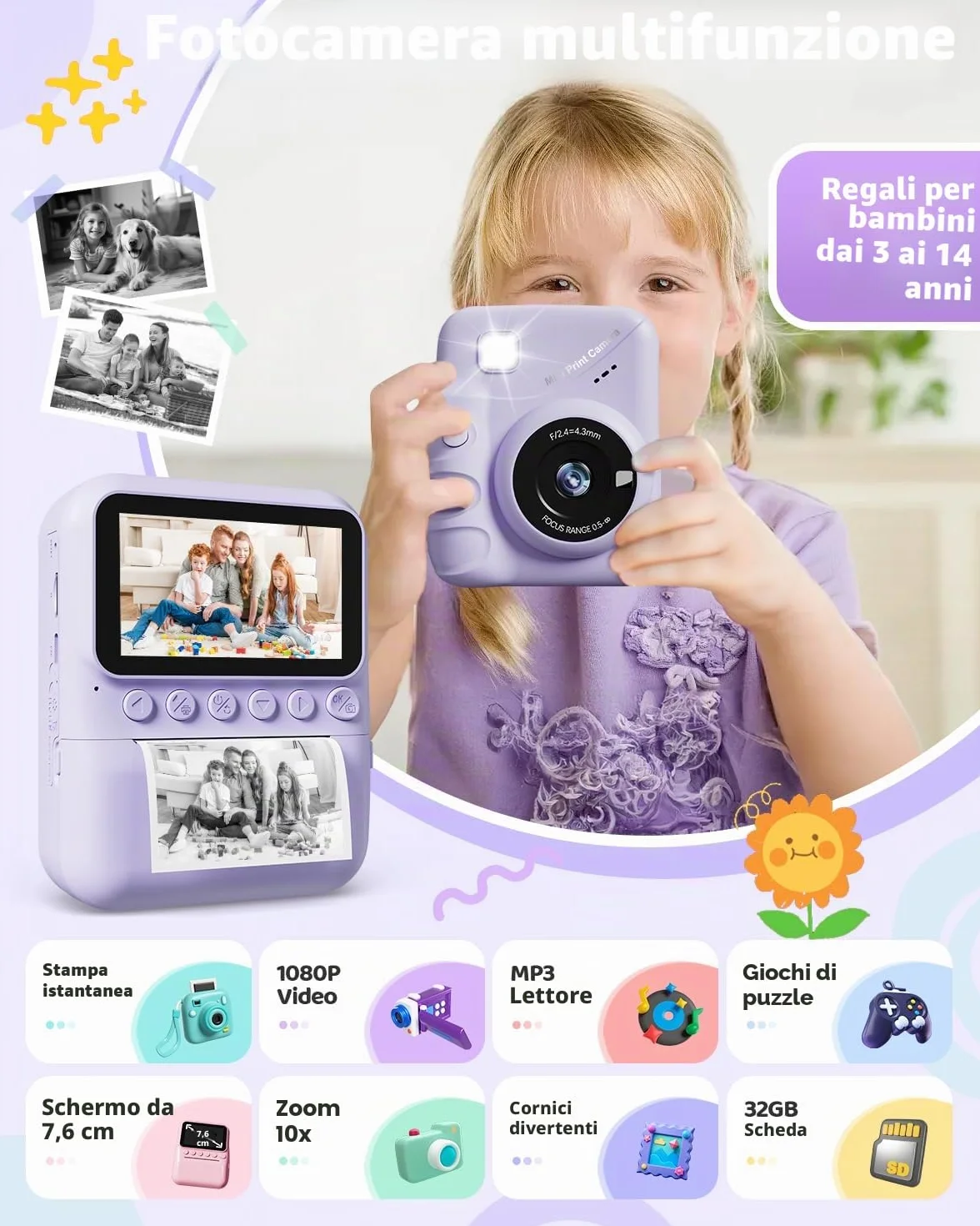 TIATUA Macchina Fotografica Bambini Istantanea, 3.0 Pollici Fotocamera Digitale Bambini con 32GB Scheda & 3 Rotoli di Carta da Stampa, Regalo per Ragazze Ragazzi da 3-12