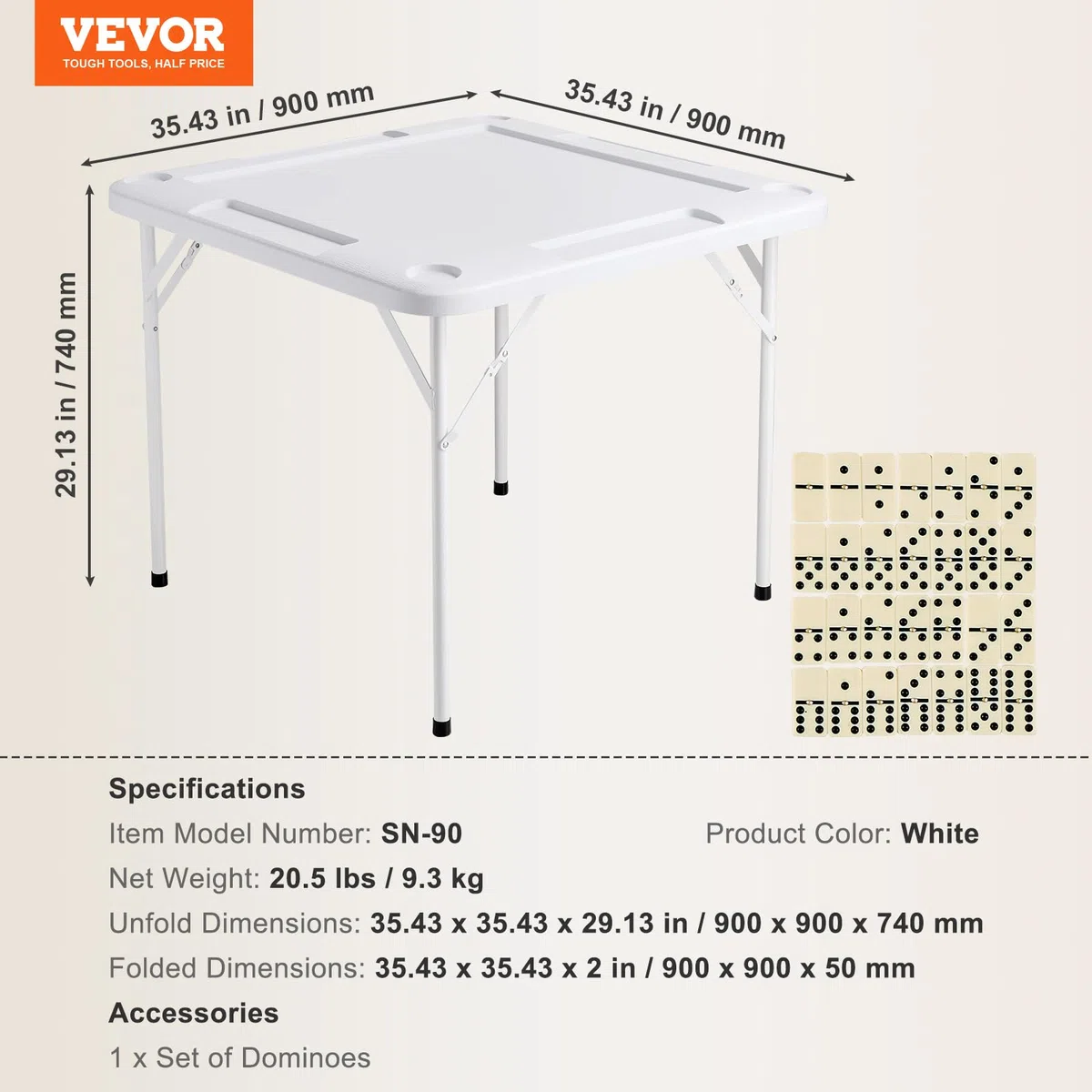 VEVOR Tavolo Mahjong Pieghevole Quadrato 4 Giocatori con Portabicchieri, 900 x 900 mm, Bianco