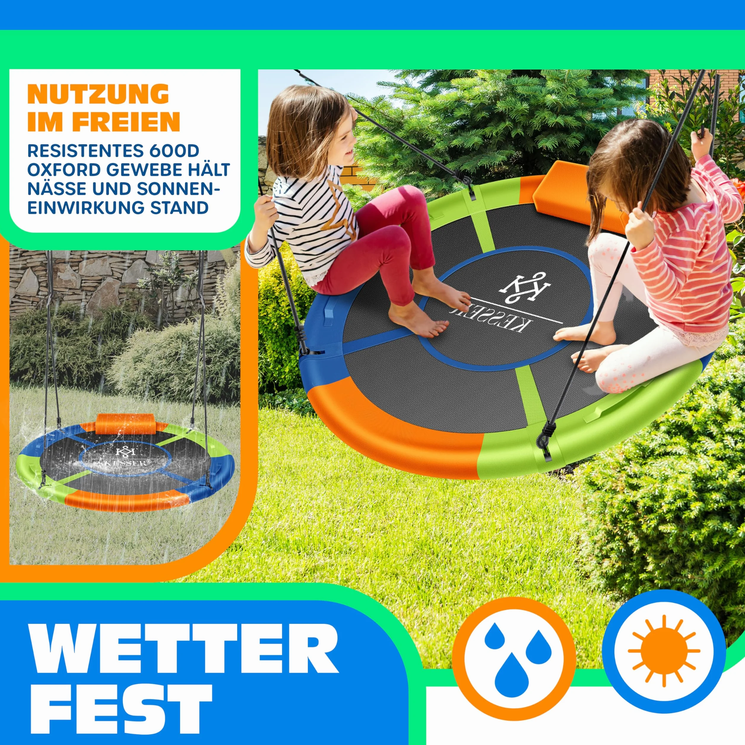 KESSER® Altalena a Rete Rotonda Regolabile per Bambini e Adulti, 120 cm, Multicolore