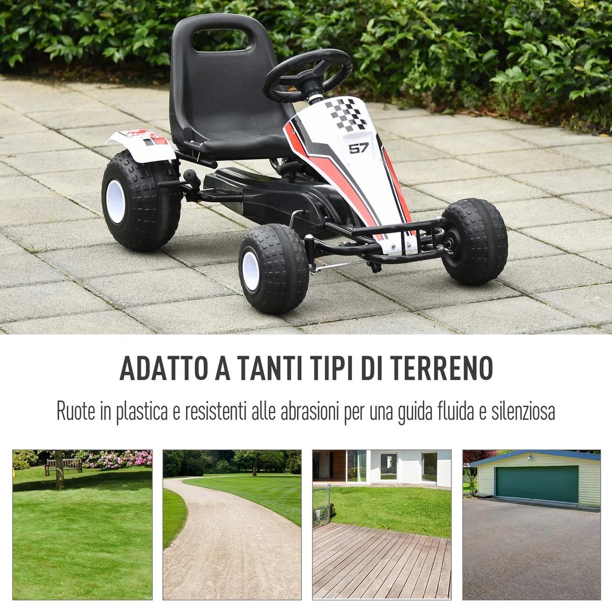 HOMCOM Go-Kart a Pedali Bianco per Bambini 3-6 Anni Sedile Regolabile Freno a Mano Cambio