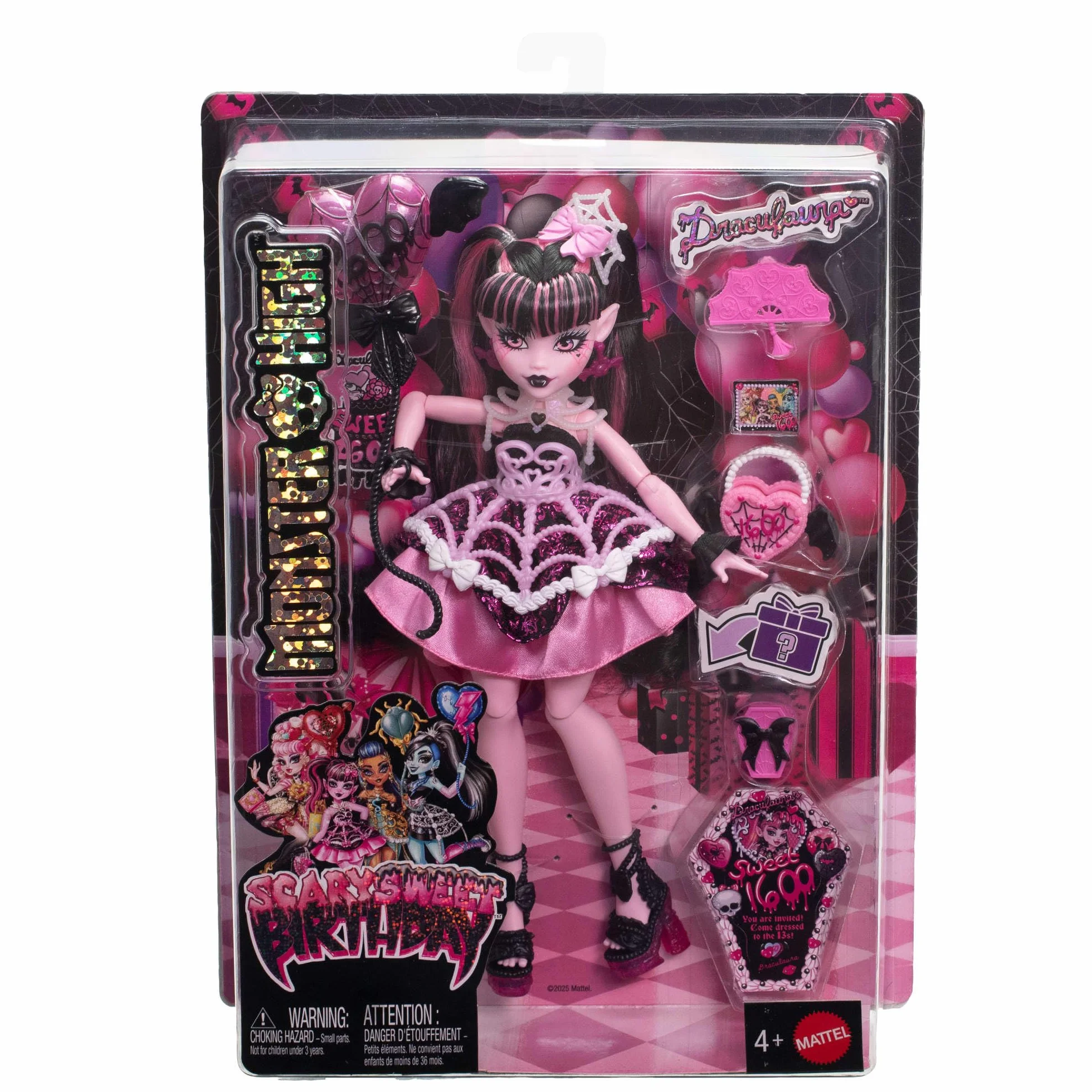 Monster High - Draculaura Scary Sweet Birthday, bambola con abito da party rosa e accessori a tema, palloncino, regalo e invito inclusi, giocattolo per bambini, 4+ anni, JBG74