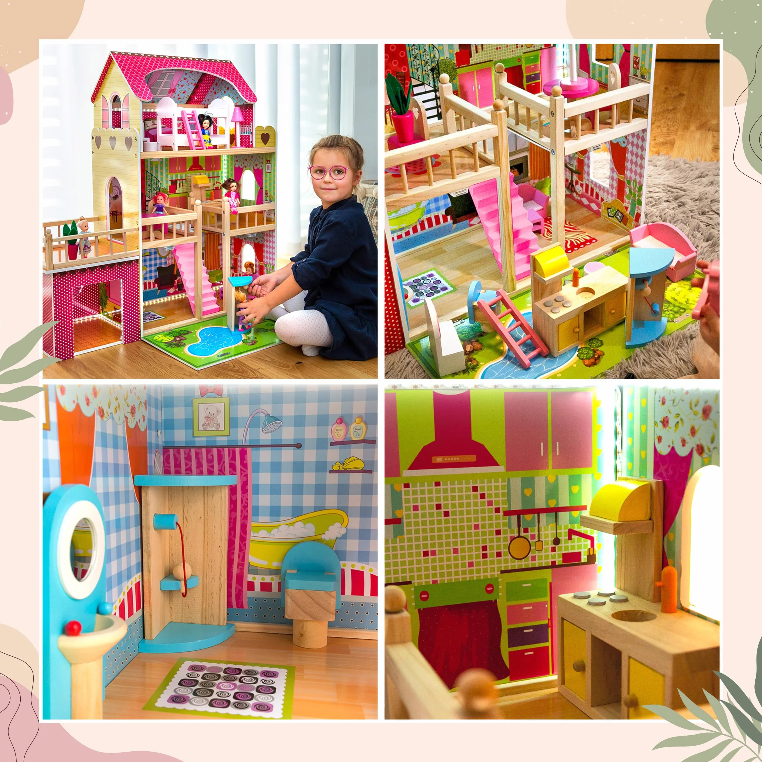 Kinderplay Green Series Casa delle Bambole in Legno – Villa a 3 Piani con LED, Giardino e Garage – Arredi Inclusi – 90x60x90 cm – Modello GS0020