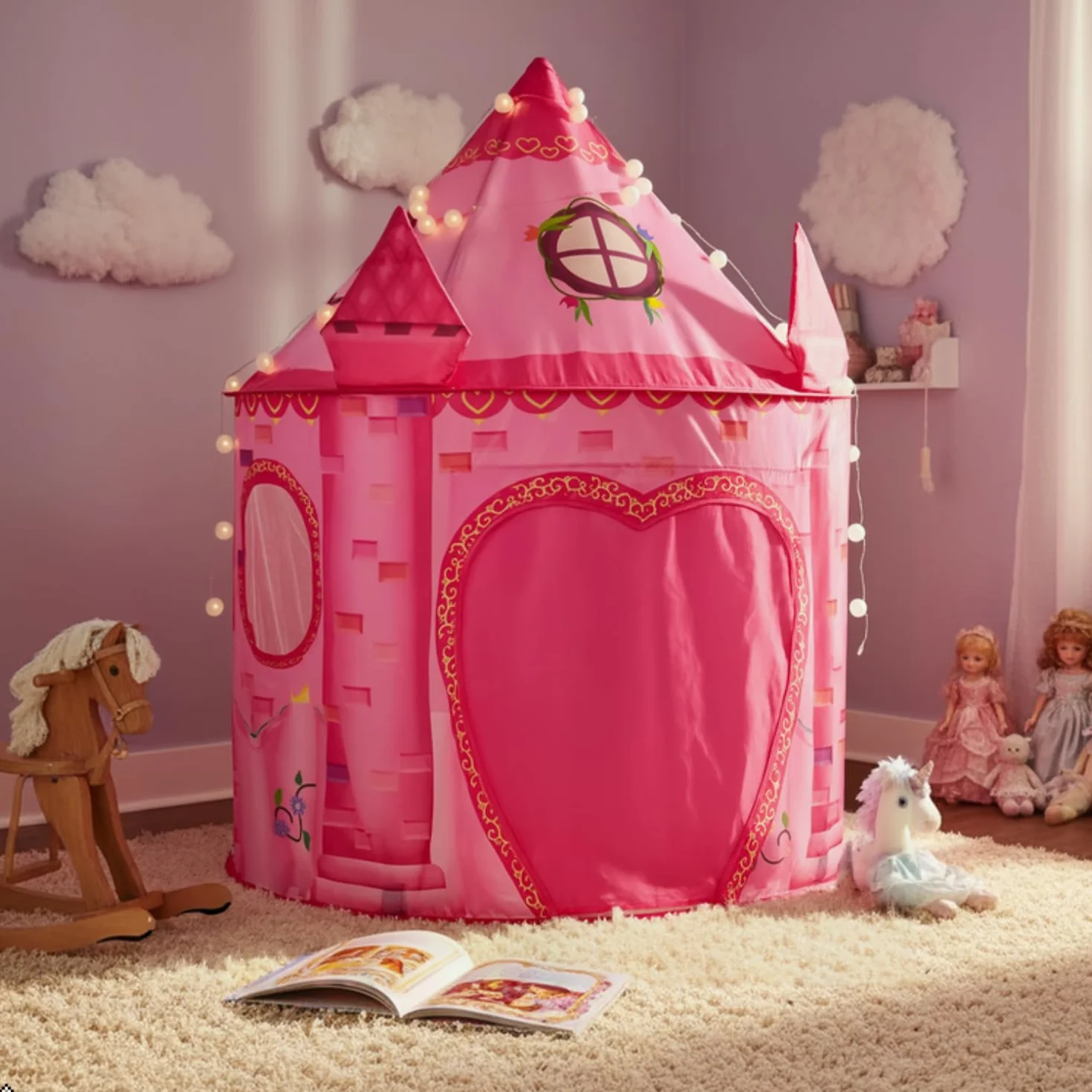 Tenda per bambini castello rosa da interno, pieghevole capanna da gioco