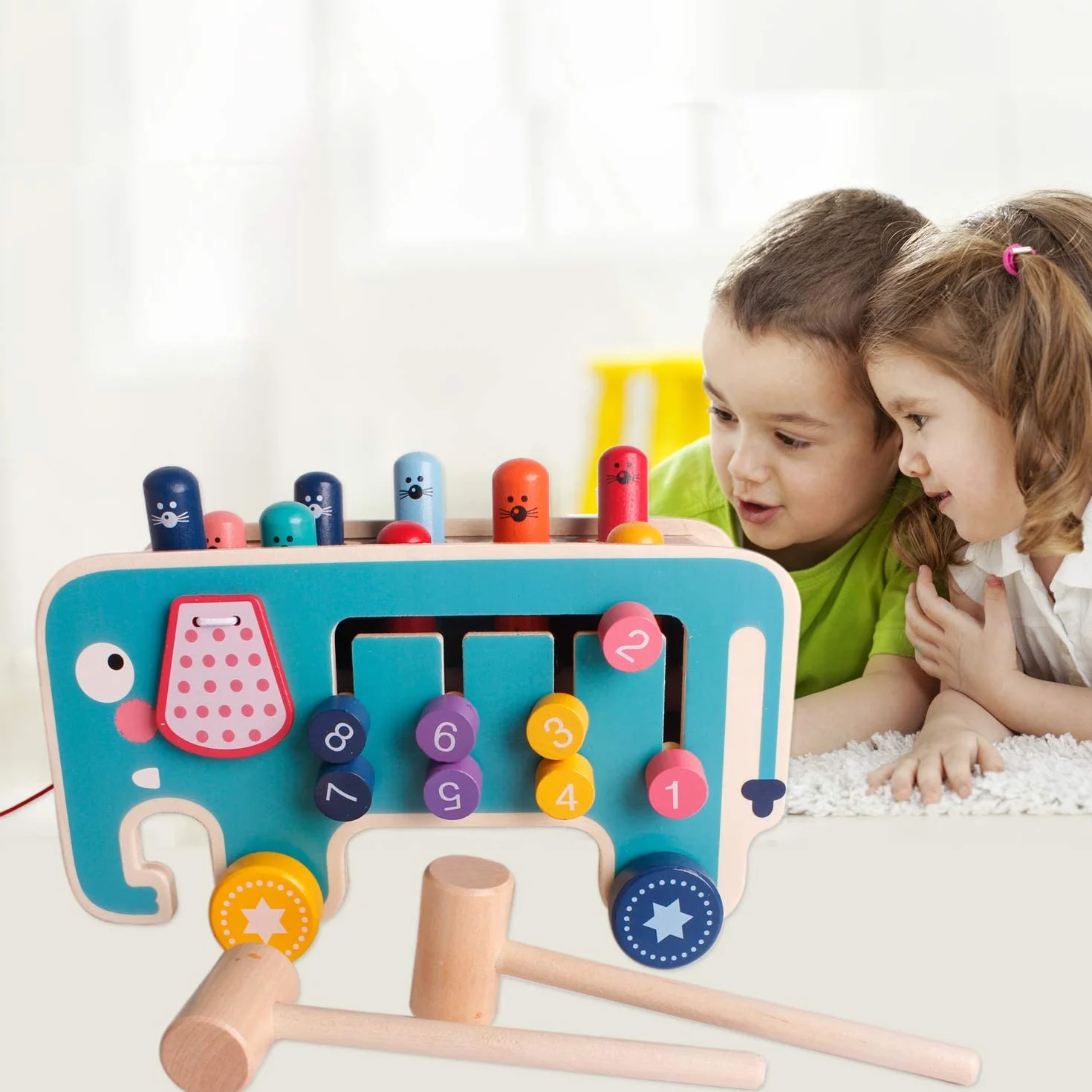 NUKied Giocattoli di Legno a Martello con 2 Mazze|Banco di Martello Multifunzionale| Forma di Elefante Labirinto Montessori Gioco Abilità motorie