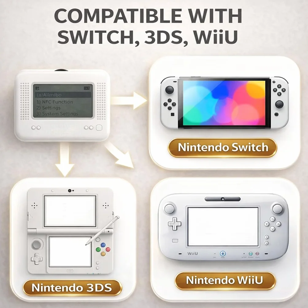 Allmiibo - Emulatore NFC intelligente per Nintendo Switch e 3DS con schermo OLED da 1,2 pollici, memoria NFC 3000, supporto per oltre 50 giochi, ricaricabile