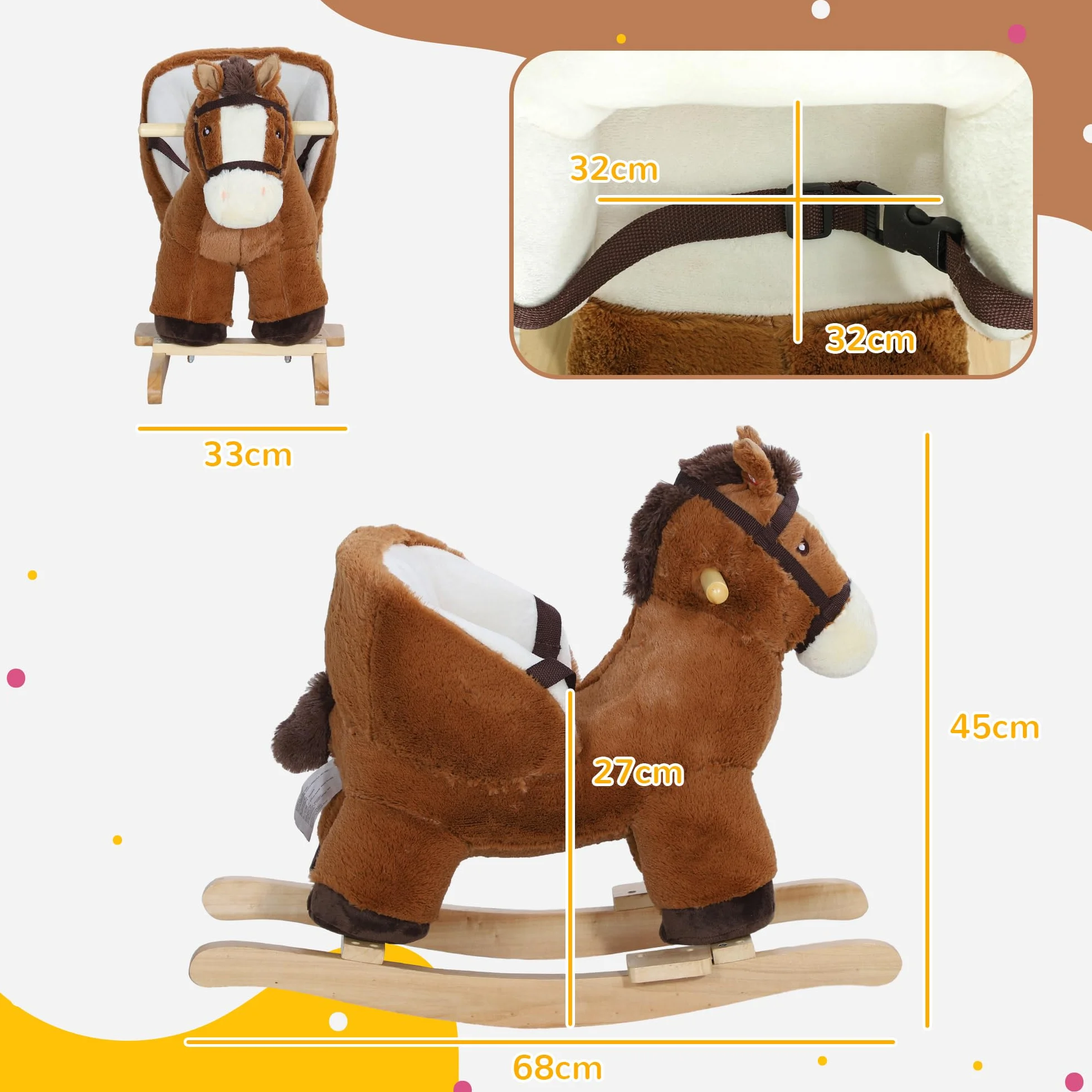 AIYAPLAY Cavallo a Dondolo per Bambini 18-36 Mesi, Cavallino in Peluche con Suoni, Base in Legno e Cintura di Sicurezza, Marrone