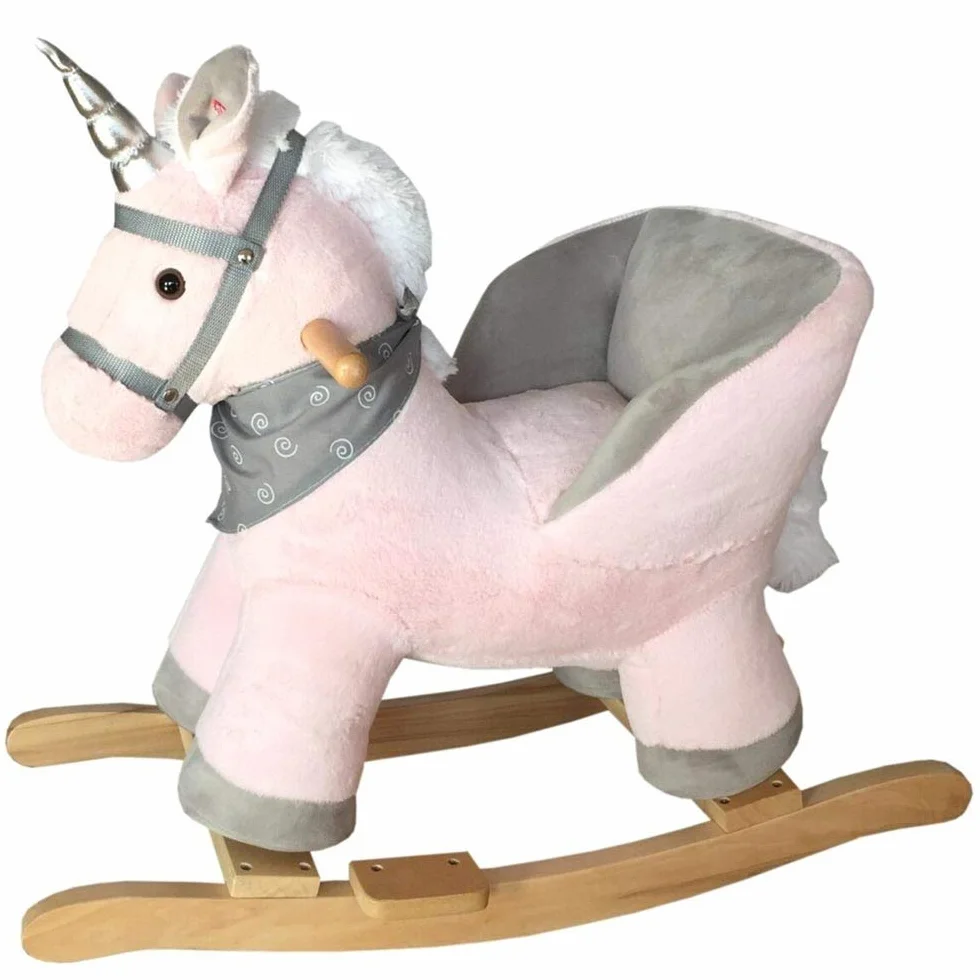 Bakaji Unicorno a Dondolo Cavalluccio Cavalcabile Peluche Giocattolo per Bambini con Effetti Sonori Maniglie e Cintura di Sicurezza Rosa