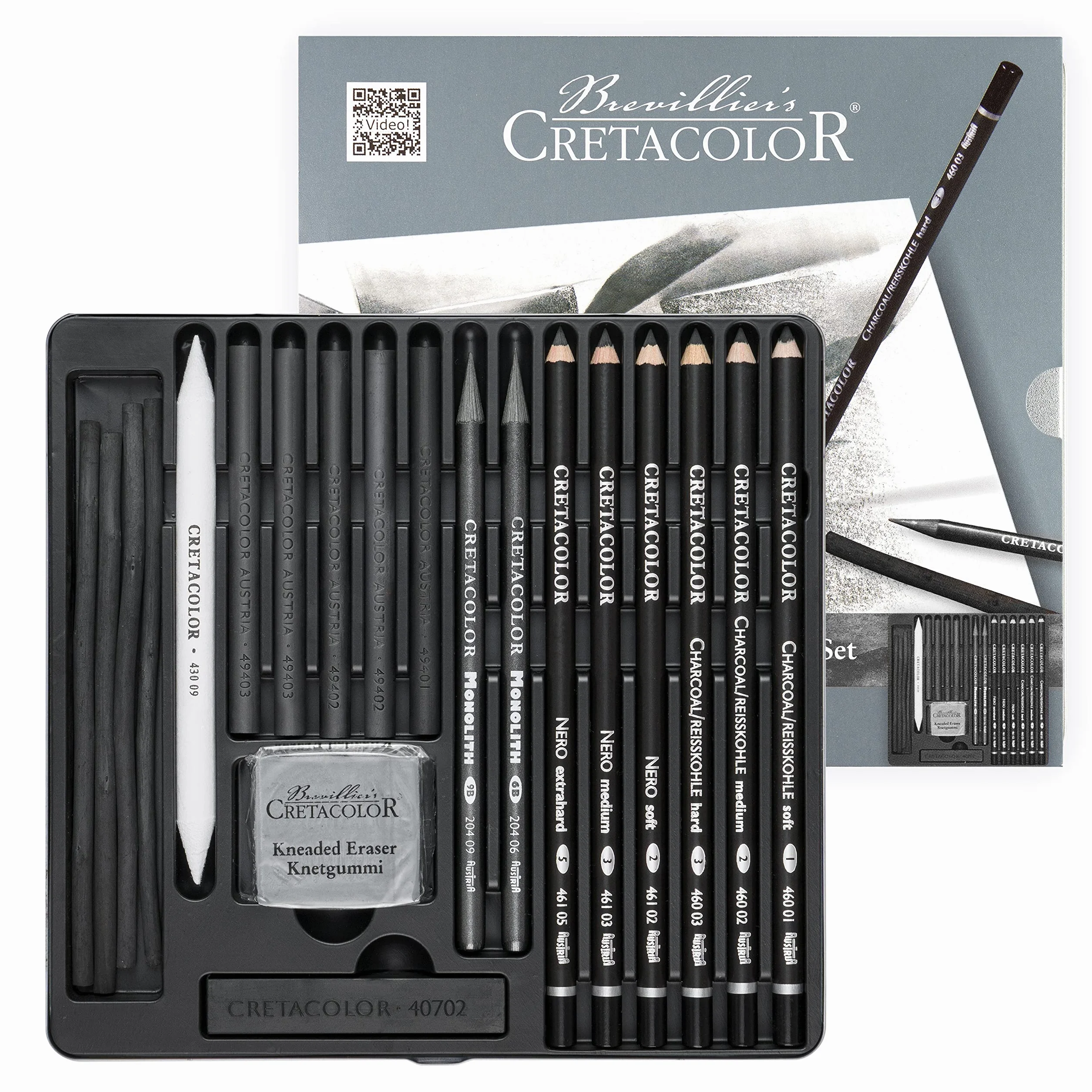 CRETACOLOR Black Box carboncino, set da 20 pezzi per carboncino e disegno, vari materiali da disegno, incl. gomma, varie gradazioni, sbavabile, colorabile con acqua