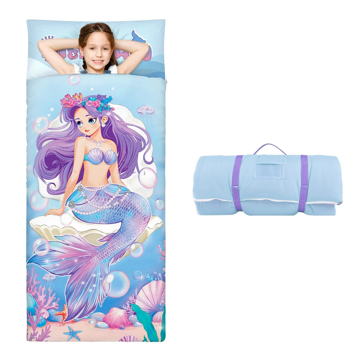 Grandi Dimensioni Sacco a Pelo Bambino con Rimovibile Cuscino 170×75cm, Pieghevole Nap Mat Caldo per Bambini Ragazze Ragazzi, Nap Mats con Doppia Cerniera per Campeggio, Scuola Materna e Asilo