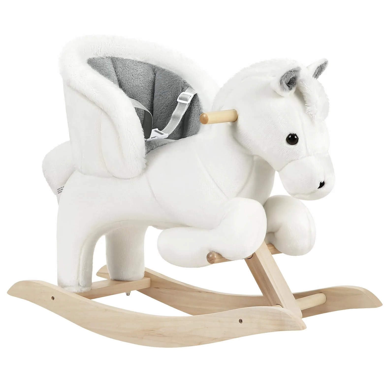 WOLTU Cavallo a Dondolo in Legno per Bambini 1-3 Anni, Cavalluccio in Peluche Cavalcabile con Suoni, Cintura di Sicurezza e Schienale Alto, Giocattolo Regalo per Bambino e Bambina, Bianco e Grigio