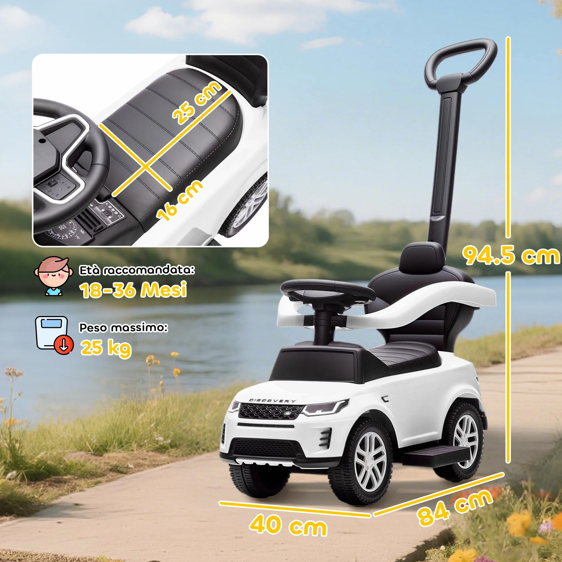 AIYAPLAY Macchina Primi Passi Cavalcabile per Bambini 1-3 Anni Licenza Land Rover Discovery con Maniglione e Barriera a 360°, Passeggino per Bambini in PP e Acciaio, 84x40x94.5 cm, Bianco