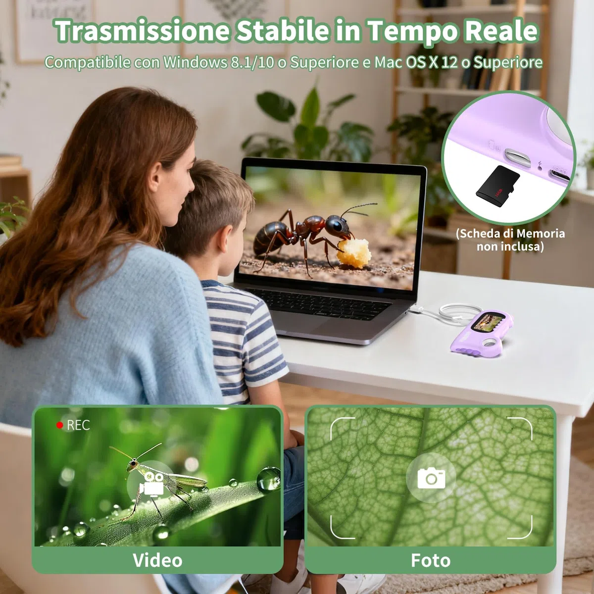 2 in 1 Microscopio Bambini, Deepoter 1000X Microscopio Digitale, Microscopios Portatile con 8 LED Regolabili, Adatto come Regalo di Natale, Compleanno o Capodannodai 3 Aagli 12 Anni, Viola
