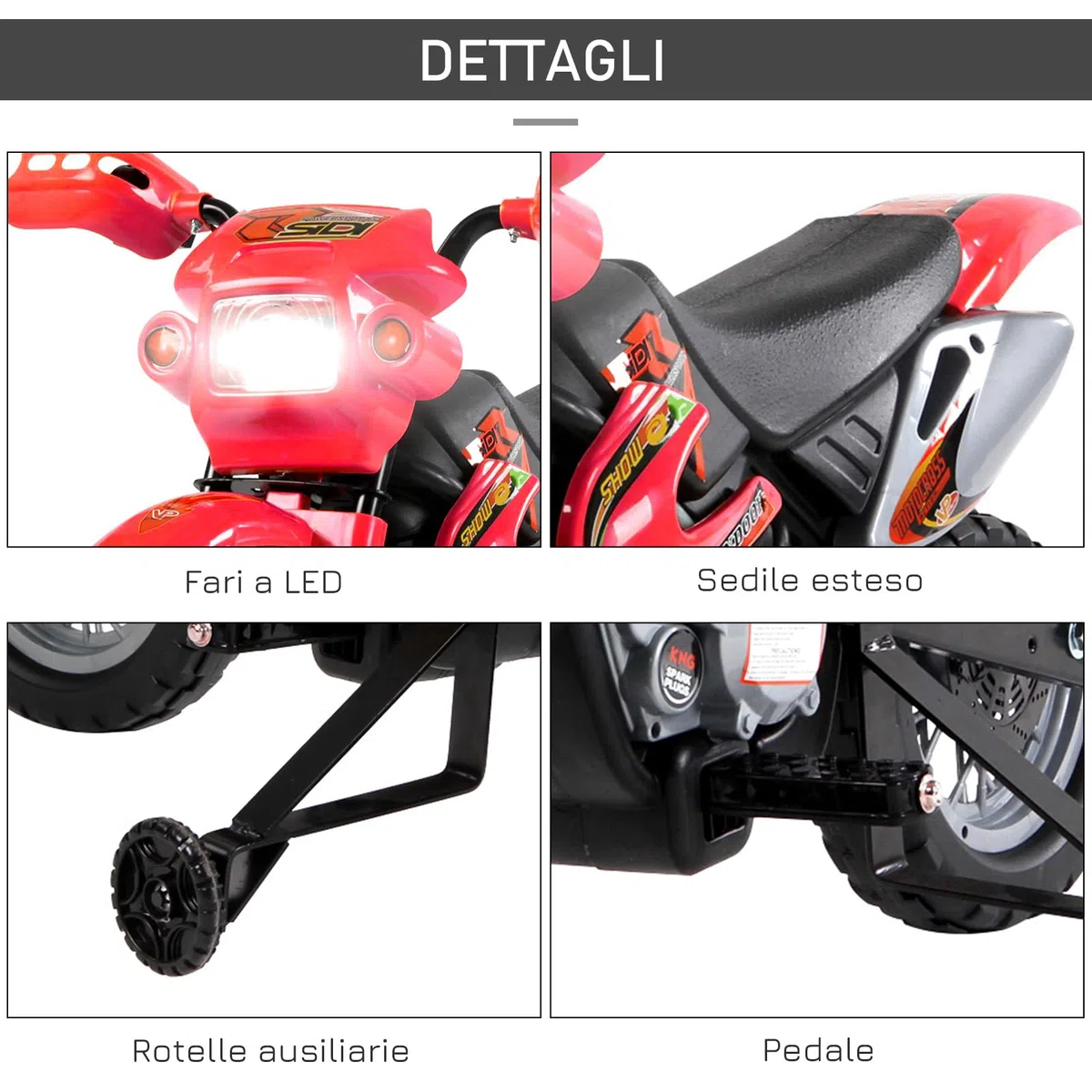 HOMCOM Moto Elettrica per Bambini 3-6 Anni, Moto Cross in Plastica PP con Ruote, Fari e Musica, 102x58x66 cm, Rosso e Nero