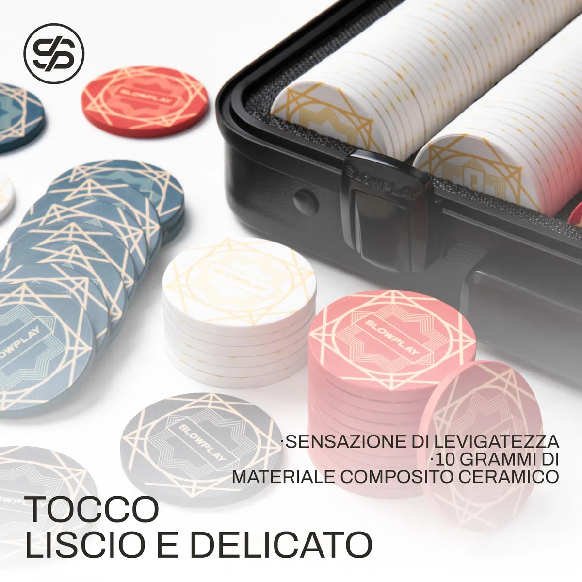 SLOWPLAY Nash - Set di fiches da poker in ceramica per Texas Hold'em, 300 pezzi [con valori numerati], 43 mm e 12 g ciascuno, con custodia di fascia alta in policarbonato tedesco