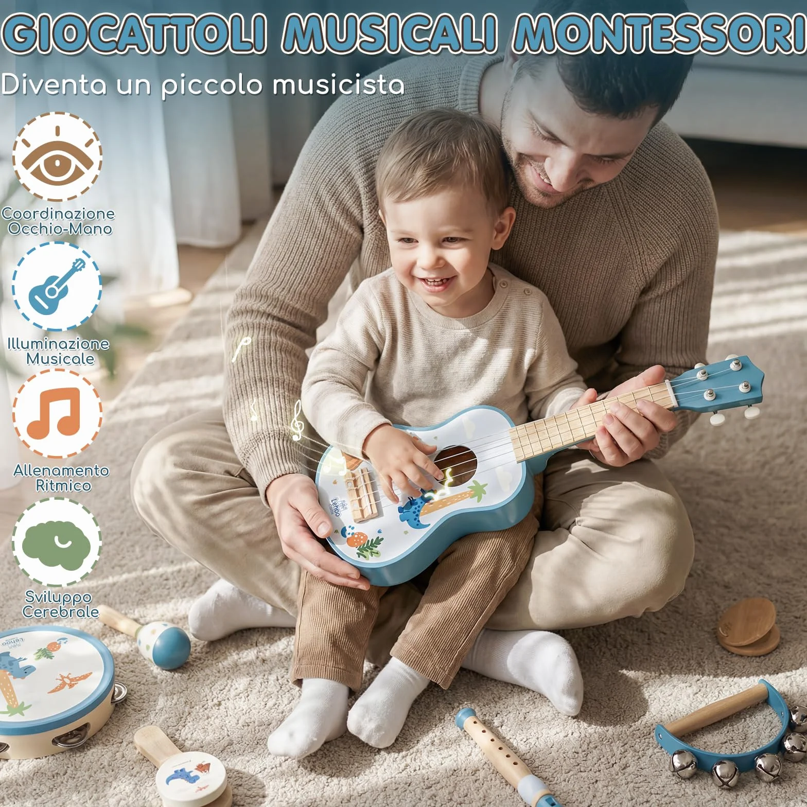 Lehoo Castle Chitarra per Bambini, 7 Strumenti Musicali Montessori Giochi, con ukulele, Tamburello, Flauto, Maracas, Giocattoli in Legno, Giocattoli Didattici, Regalo per bambini di 1, 2, 3 anni