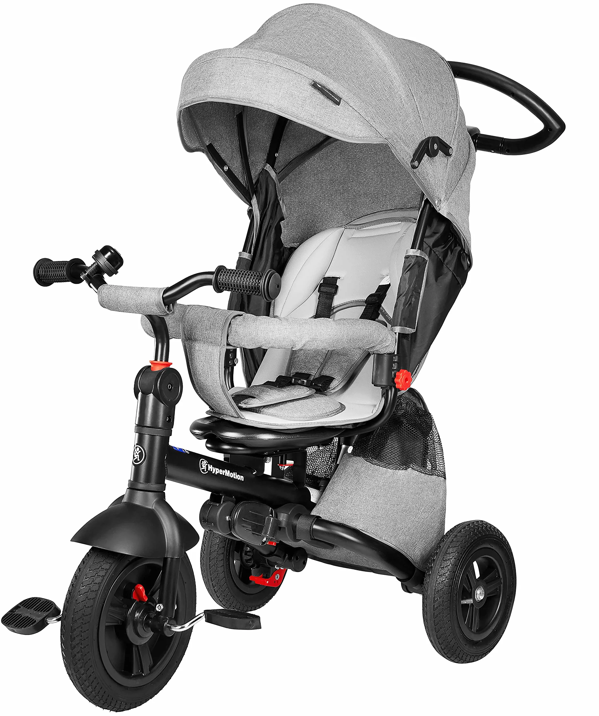 HyperMotion Passeggino Triciclo Evolutivo per Bambini 12 Mesi - 5 Anni, Bicicletta con Sedile Girevole e Ruote Gonfiabili, Portata 25 kg, Pieghevole con Parapioggia, Ideale per Parco e Giardino - Grey