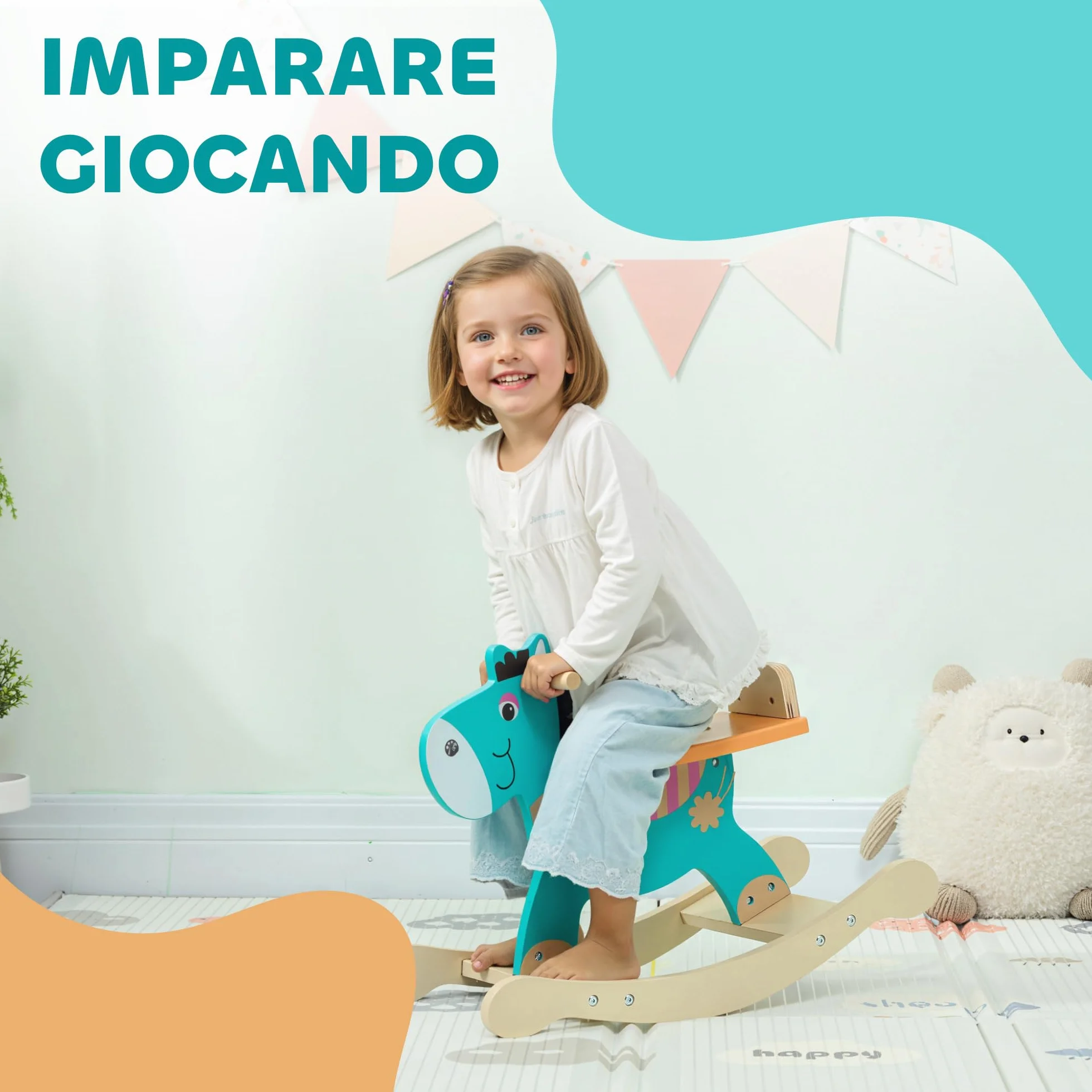 AIYAPLAY Cavallo a Dondolo a Forma di Asino per Bambini 2-5 Anni con Base Larga, Cavallino a Dondolo in Legno compensato, 59x27x43 cm, Verde Scuro e Arancione