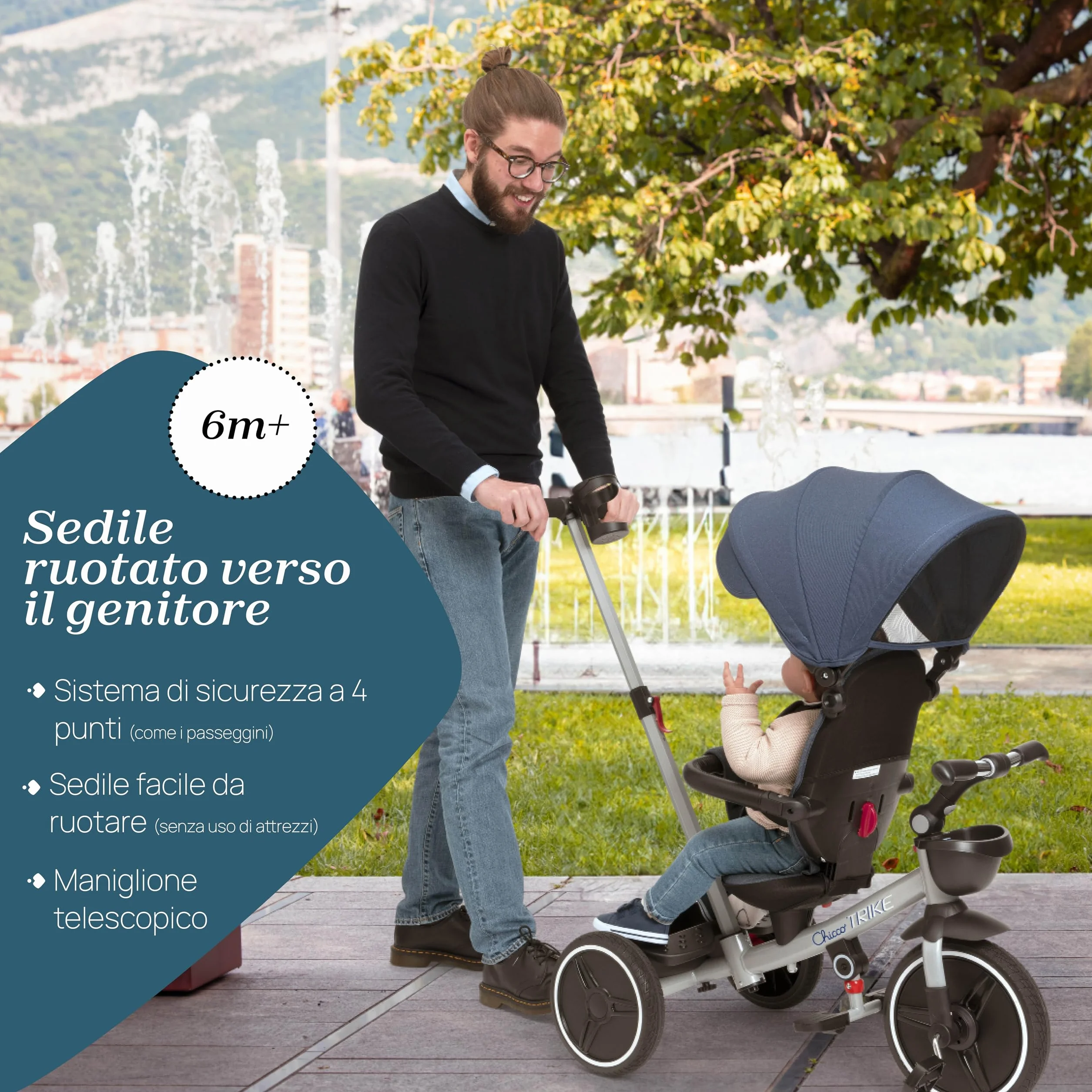 Chicco Triciclo 4in1 Evolutivo 6 Mesi-4 Anni, Ruote Gomma EVA, Maniglia Telescopica, Freno
