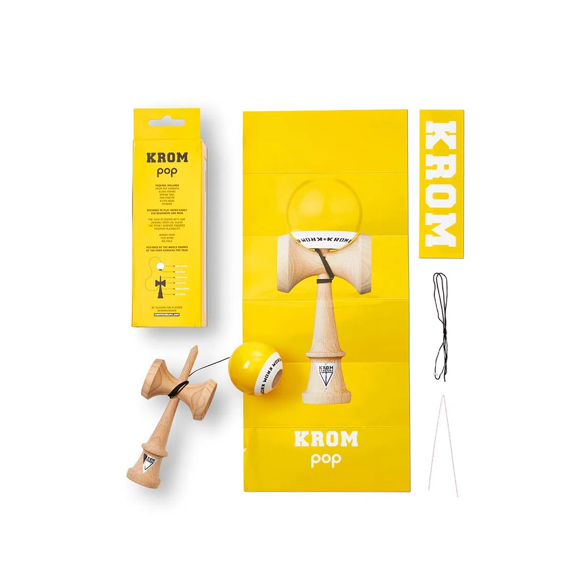 KROM PRO Kendama Originale in Legno per Principianti ed esperti – Pop LOL Giallo – Gioco di abilità per Esterni e Interni – Giocattolo in Legno con Corda e Palla