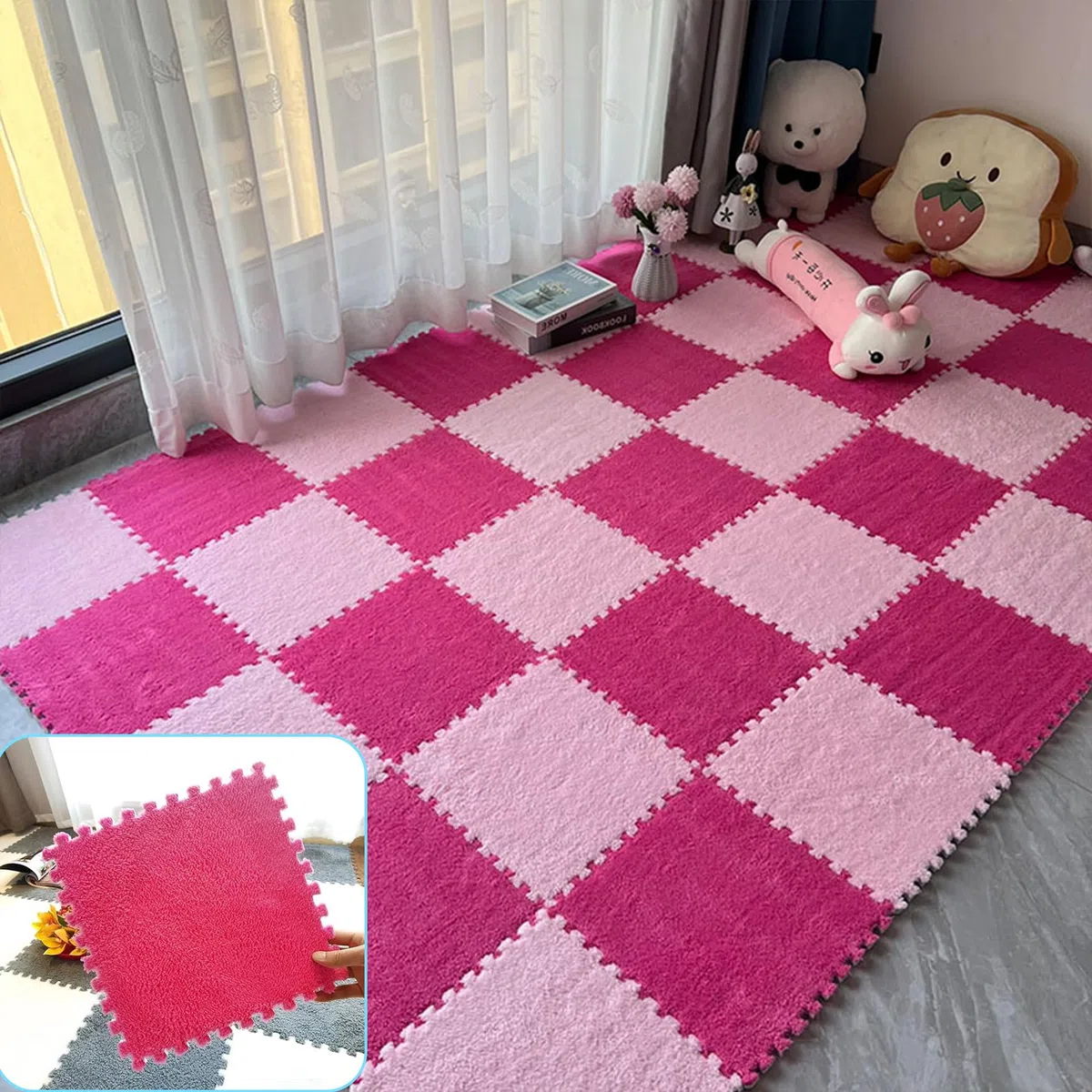 50 tappetini in schiuma di peluche a incastro, 30 x 30 cm, per soggiorno, camera da letto, 50 pezzi, colore rosa